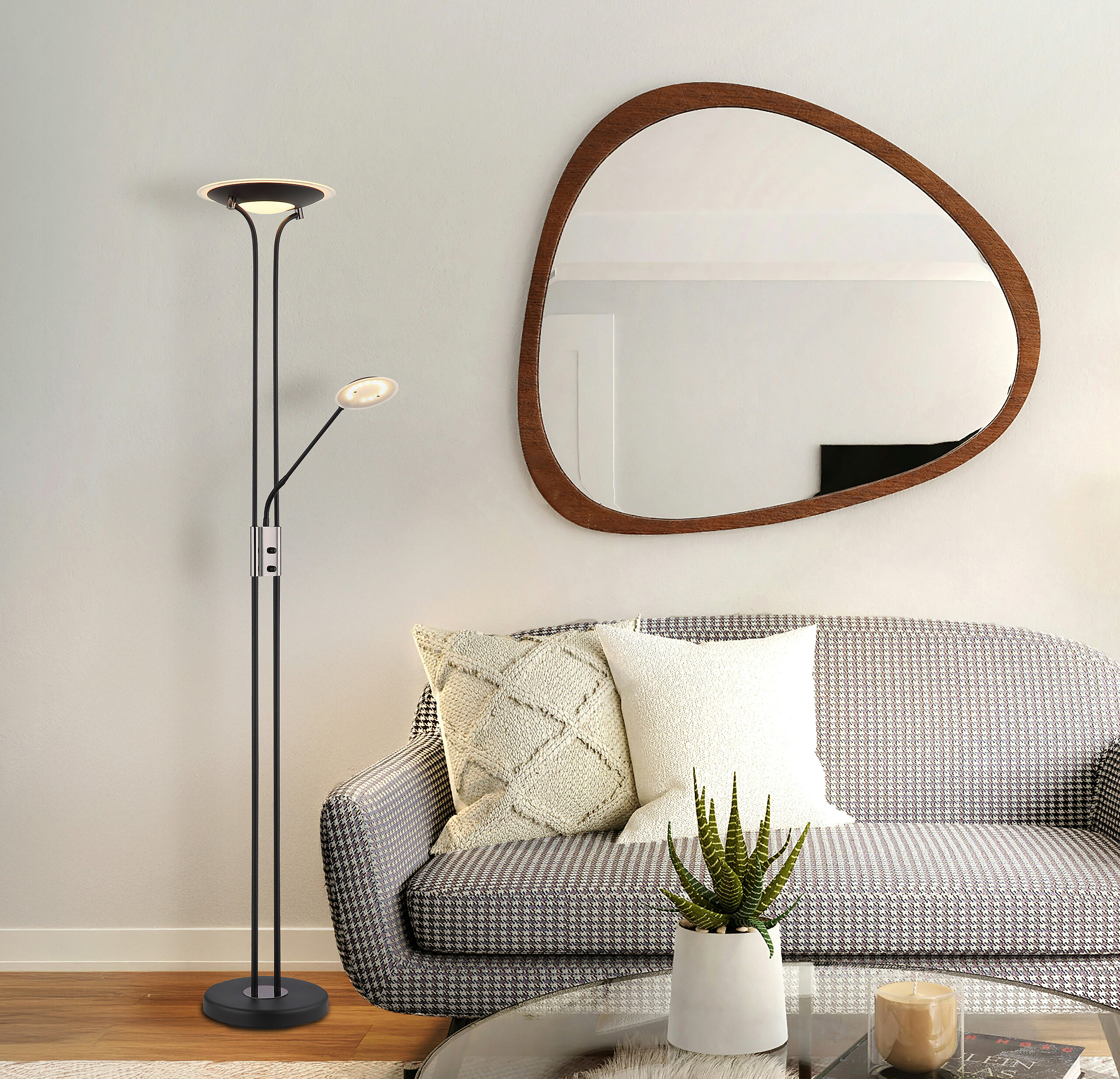 GLOBO Deckenfluter mattschwarz Chrom Satiniert Glas Metall H/D: ca. 180x30 cm 2 Brennstellen