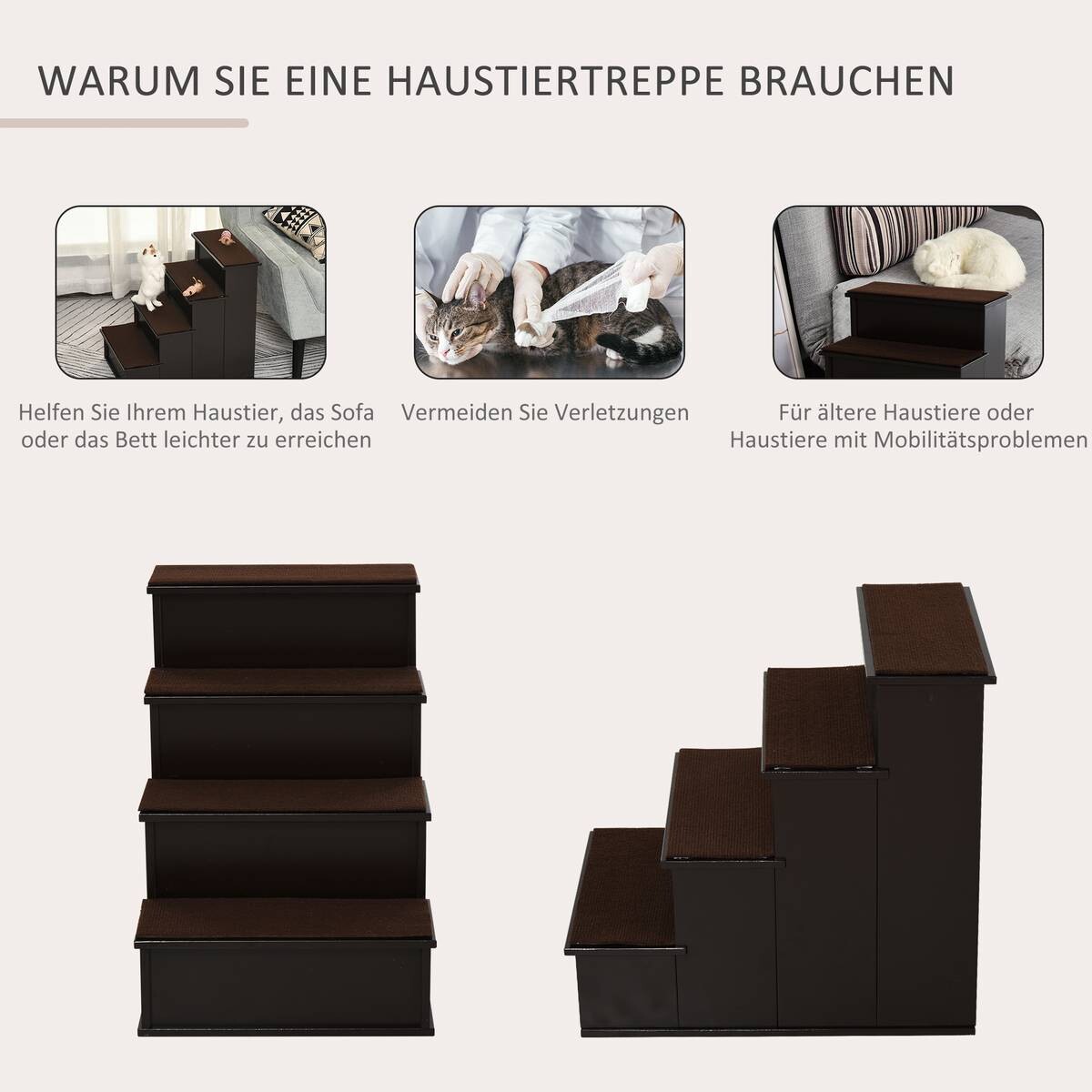 PawHut Haustiertreppe dunkelbraun MDF B/H/L: ca. 40x54,2x59 cm