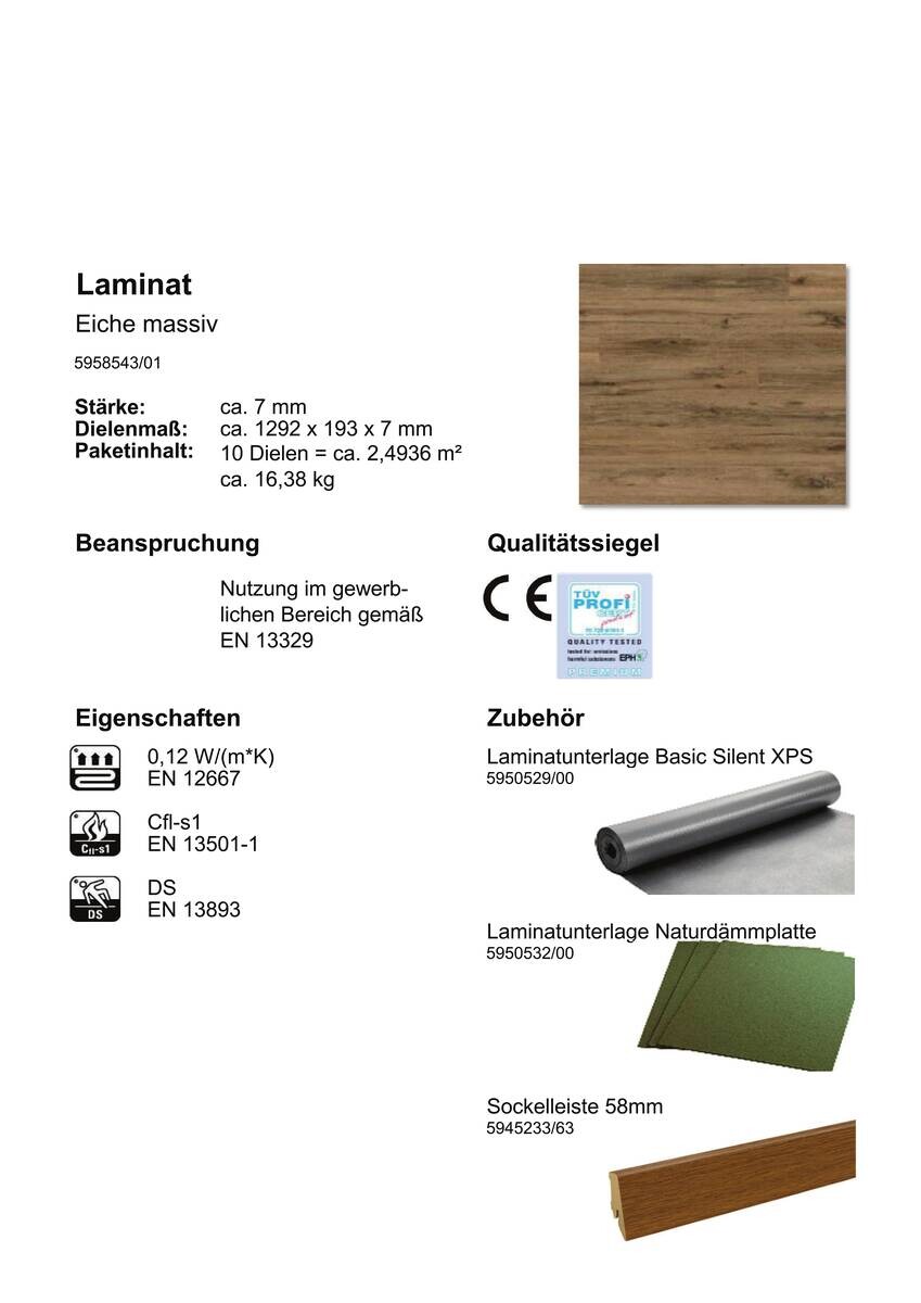 EGGER Laminatboden Eiche massiv ca. 2,4936 m² im Paket  B/L: ca. 19,3x129,2 cm pro Paket