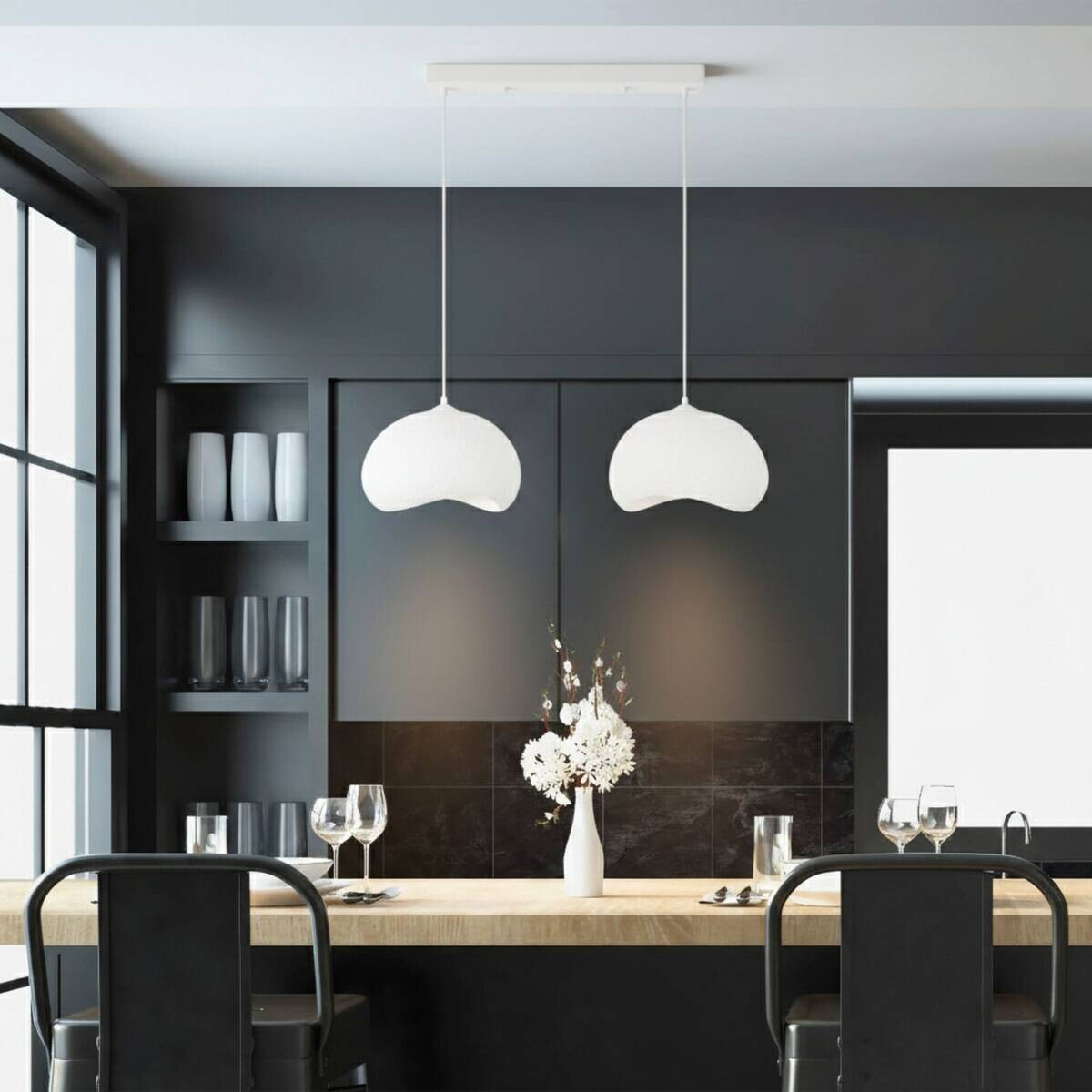 Opviq Pendelleuchte Yontu-15852-A weiß Metall Polyester-Mischgewebe B/H/L: ca. 29x120x34 cm E27 2 Brennstellen