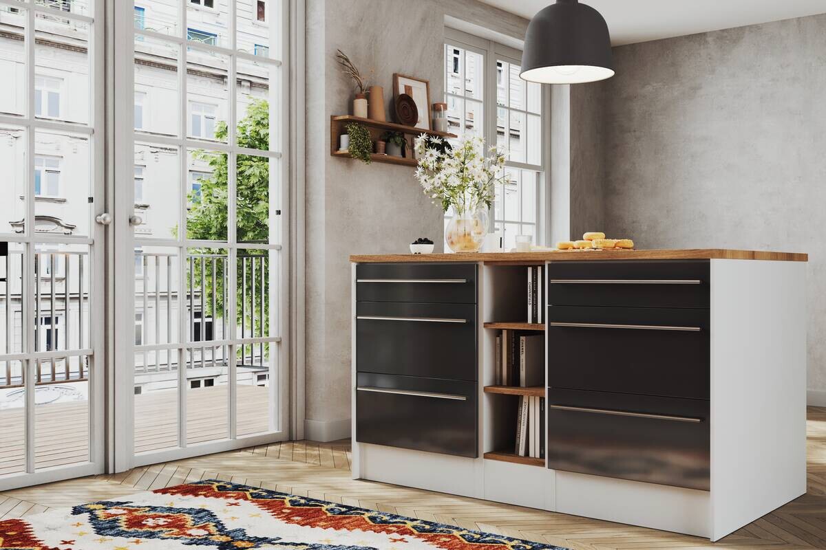 Respekta Inselküche Gabriel grau Hochglanz B/H/T: ca. 290x200x60 cm