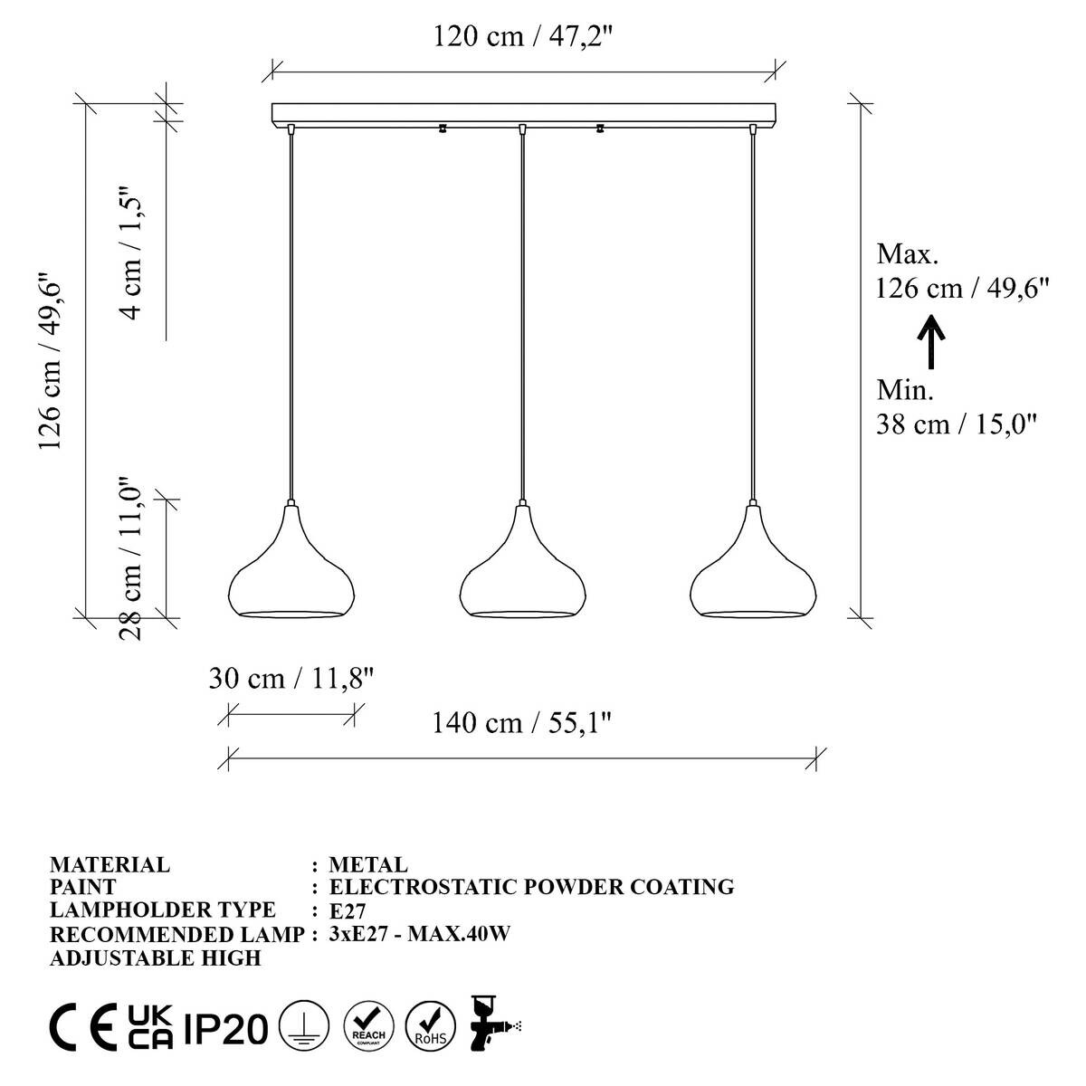Opviq Pendelleuchte Muba-11554 schwarz B/H/T/L: ca. 140x126x30x140 cm E27 3 Brennstellen