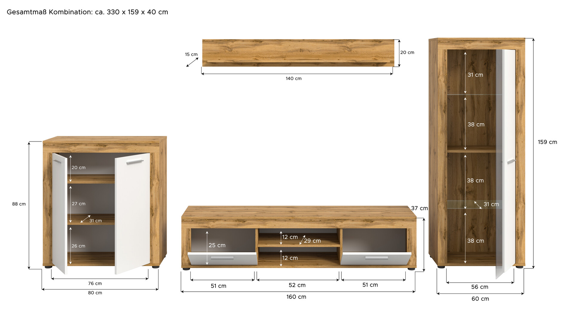 Wohnwand Jam Eiche Wotan Nachbildung weiß B/H/T: ca. 330x159x35 cm