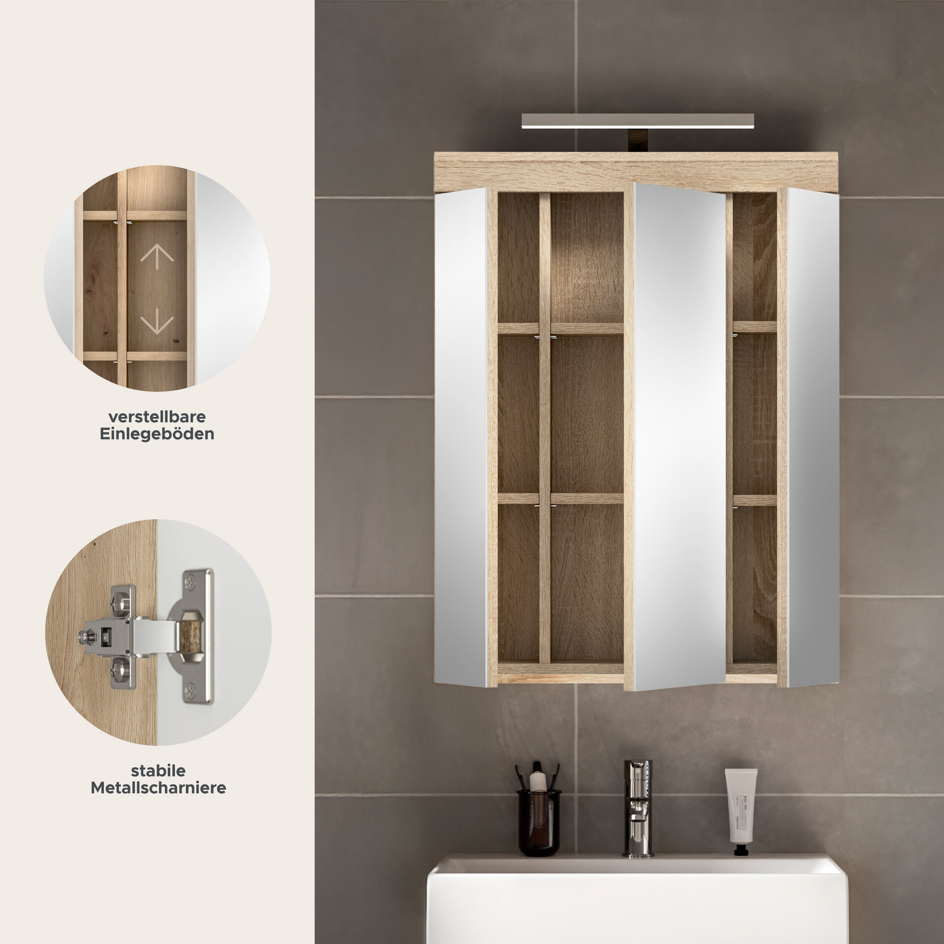 Spiegelschrank Lambada Eiche Sonoma Nachbildung weiß Hochglanz B/H/T: ca. 60x79x37 cm
