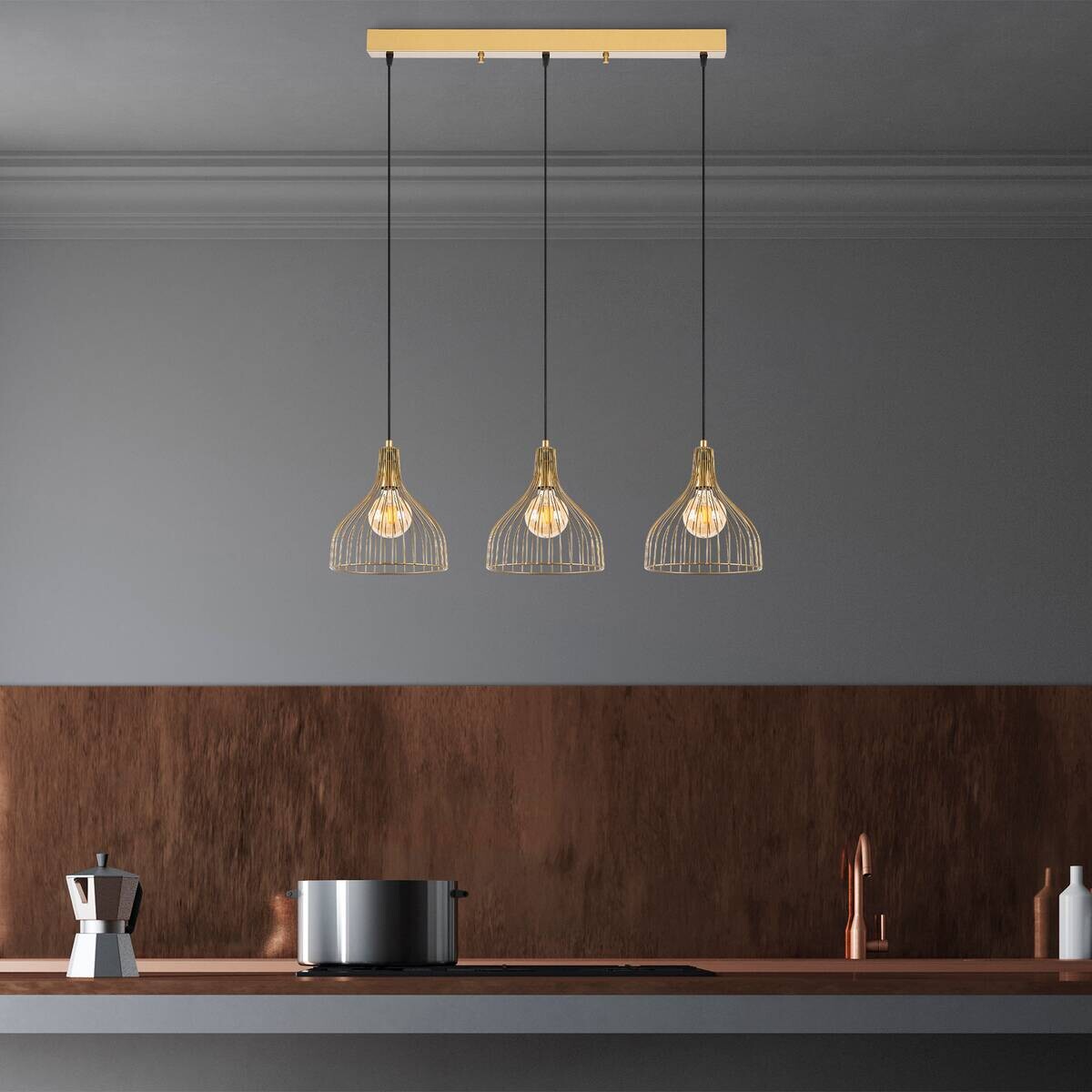 Opviq Pendelleuchte Cafu-11566-1 gold B/H/T/L: ca. 25x121x25x94 cm E27 3 Brennstellen