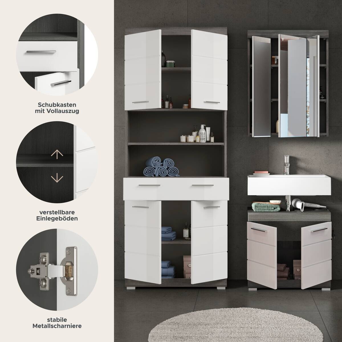 Badezimmer-Set Scout Rauchsilber Nachbildung weiß Hochglanz B/H/T: ca. 149x34x191 cm