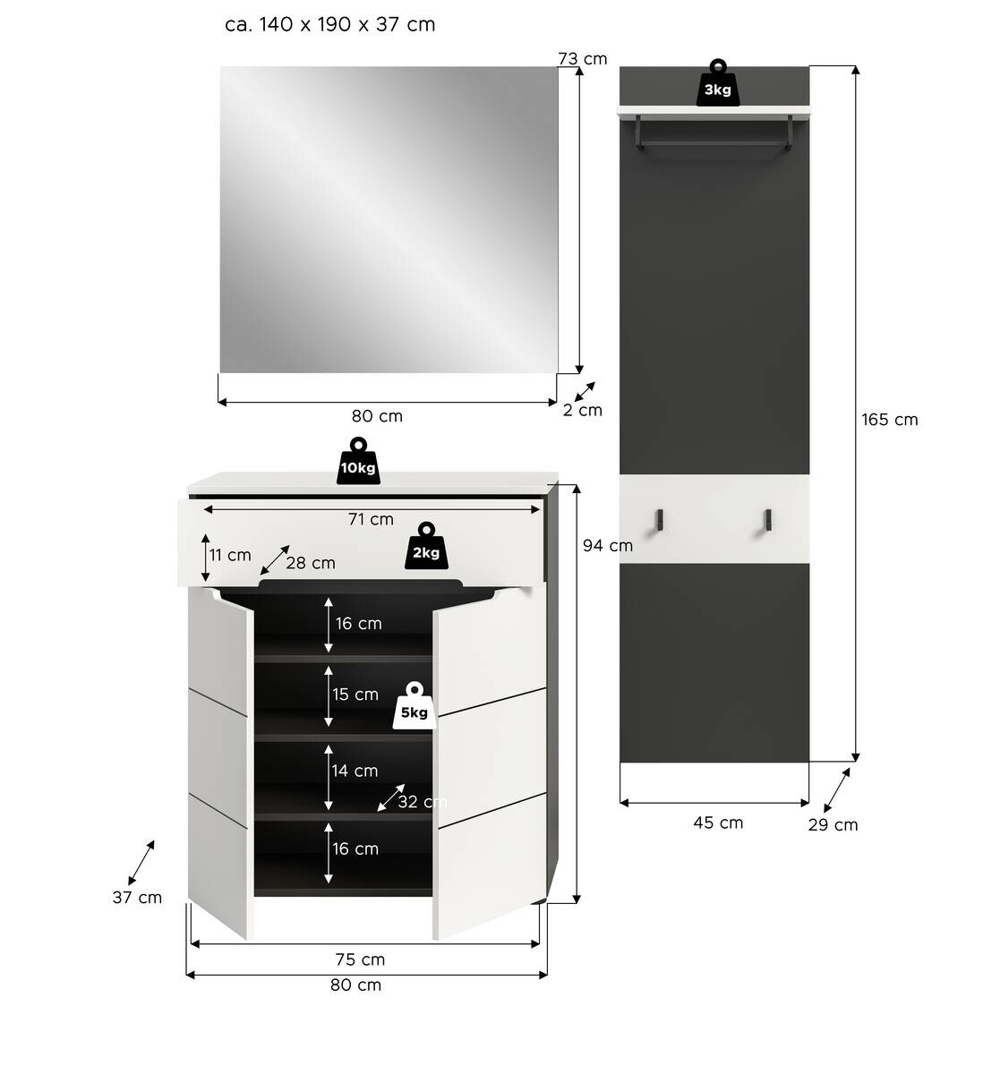 Garderobe Canu basaltgrau Nachbildung weiß B/H/T: ca. 140x190x37 cm