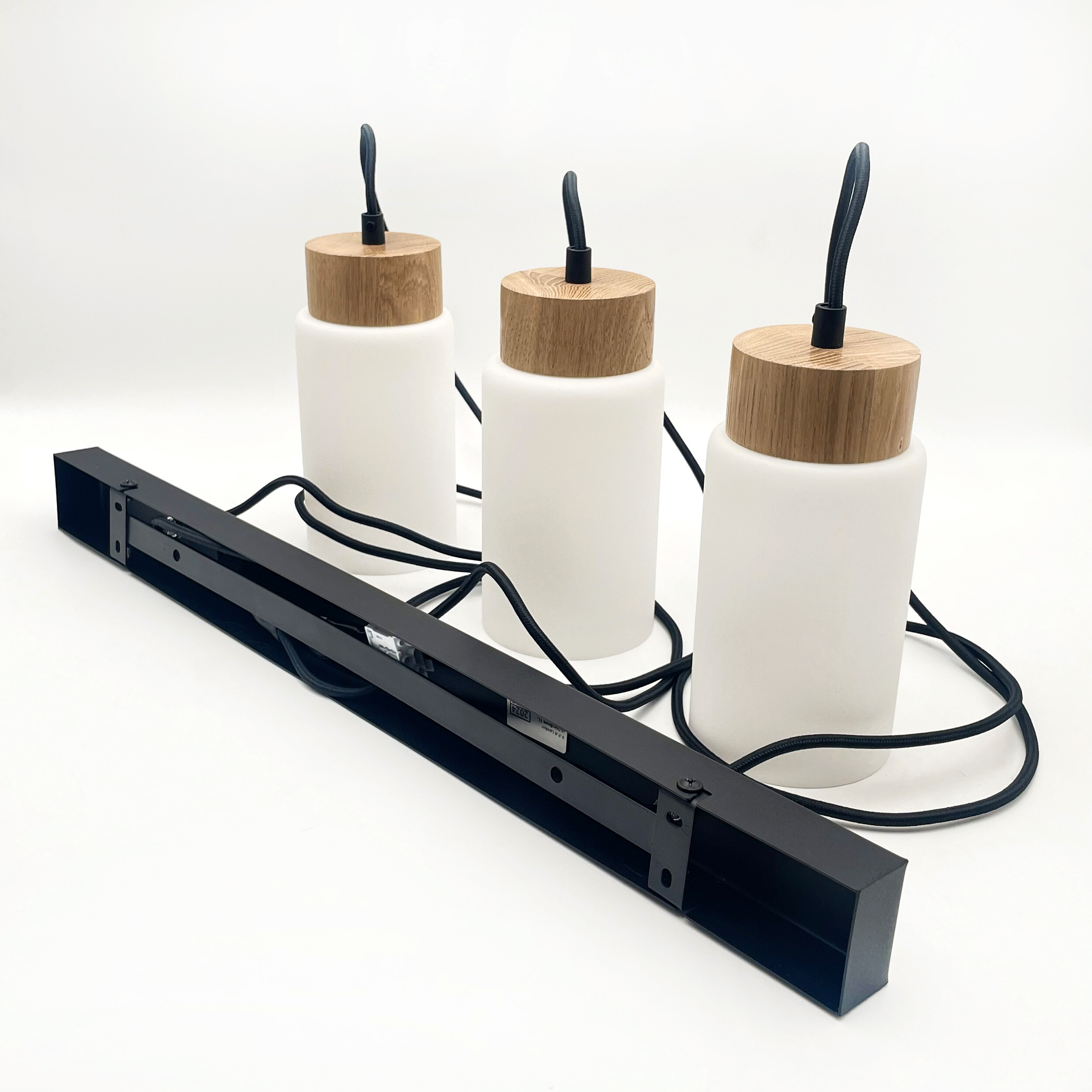 Lamkur Hängeleuchte Marcus schwarz Glas Stahl Holz B/H/L: ca. 65x20x20 cm E27 3 Brennstellen