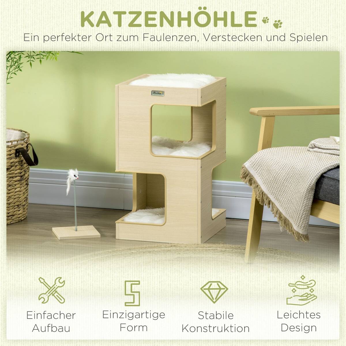 PawHut Katzenhaus Eiche Spanplatte B/H/L: ca. 34x60x34 cm