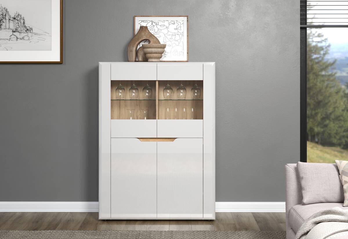 Highboard Marlon Eiche Evoke Coast Nachbildung weiß Hochglanz B/H/T: ca. 96x132x39 cm