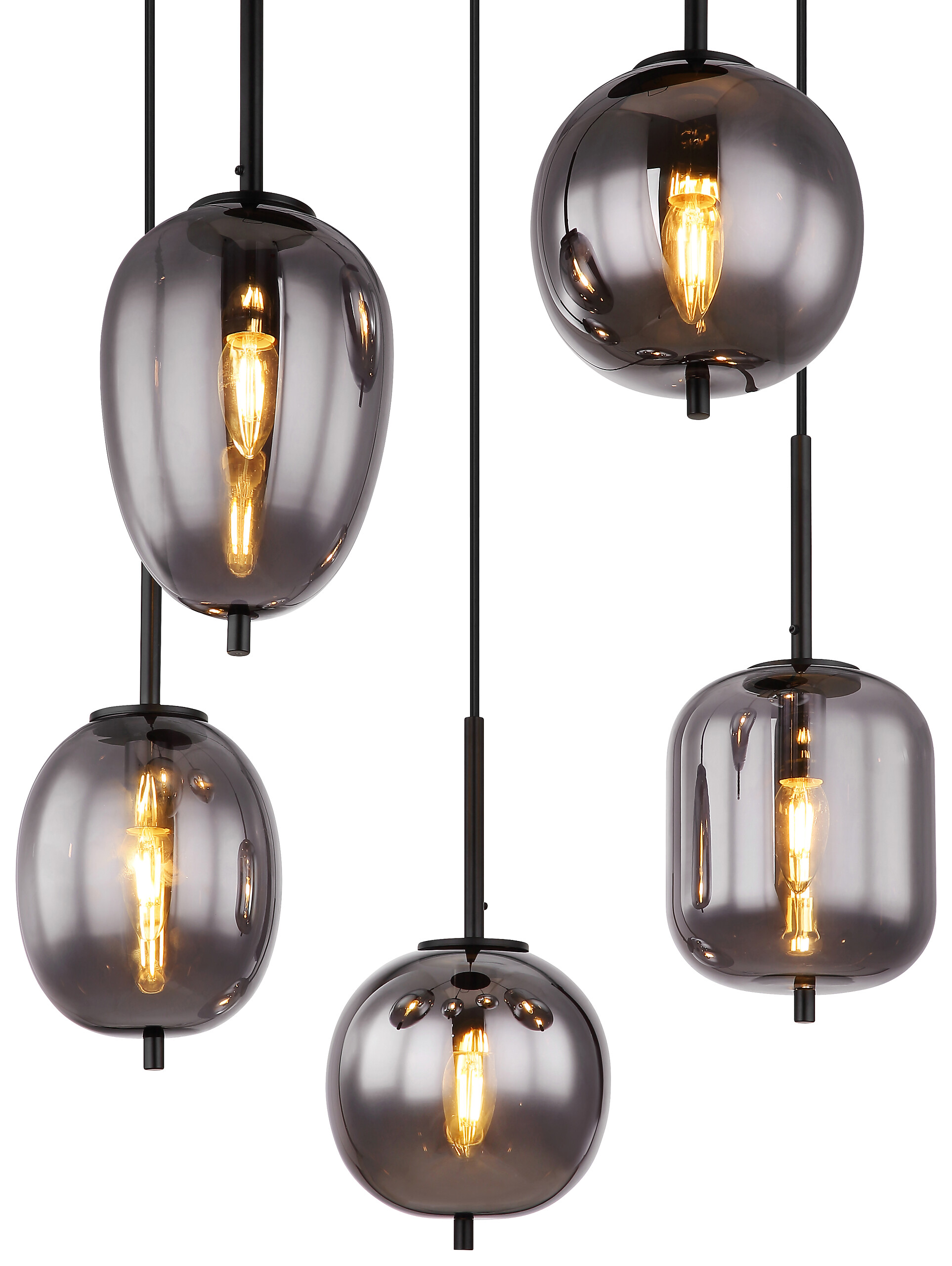 GLOBO Pendelleuchte Blacky 15345-5 schwarz natur Rauch Metall Aluminium Glas H/D: ca. 150x57,5 cm E14 5 Brennstellen