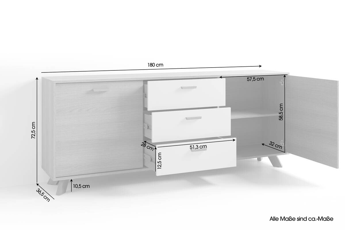 Sideboard BASTIAN Eiche weiß B/H/T: ca. 180x72,5x36,5 cm