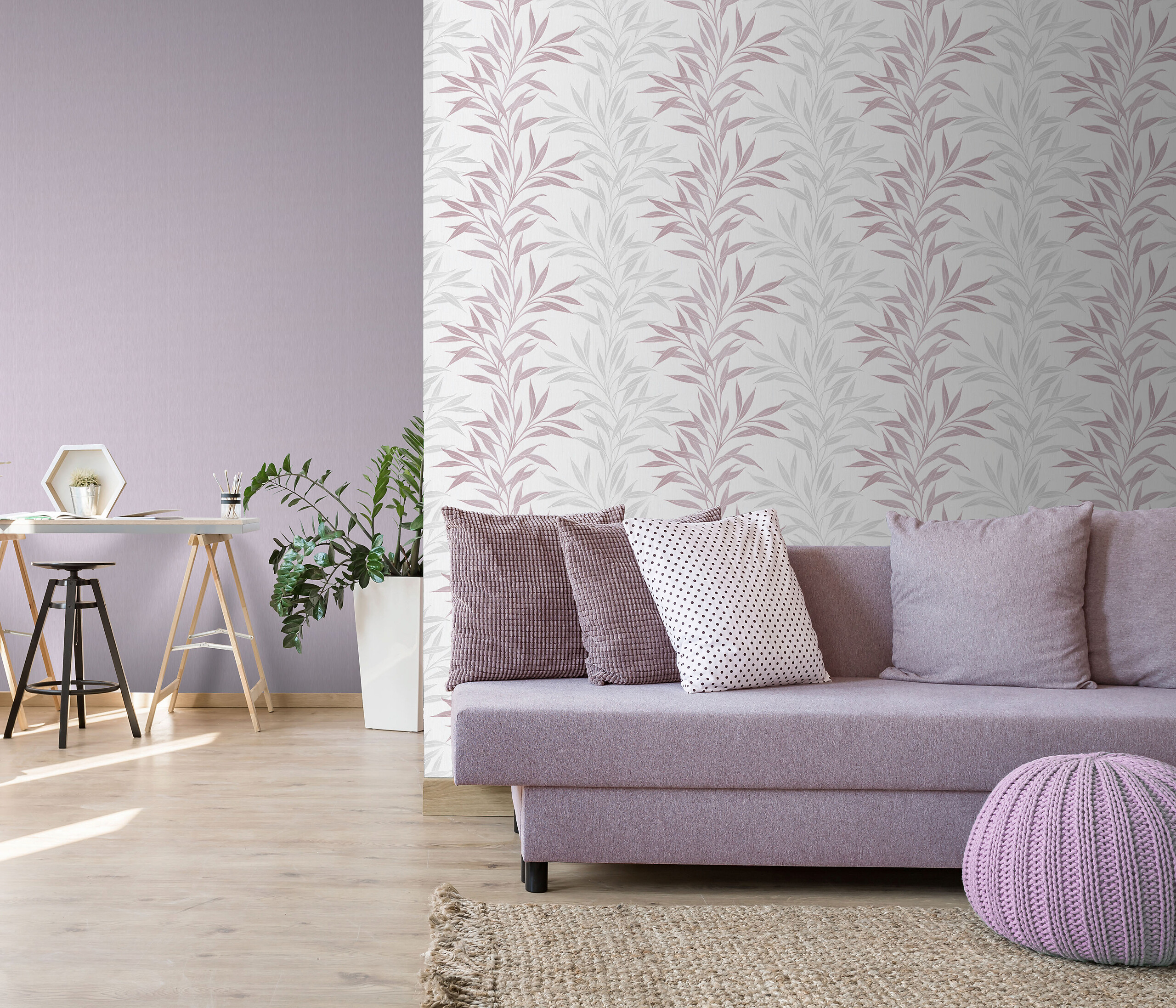 Vliestapete Blätter rosa grau weiß B/L: ca. 53x1005 cm