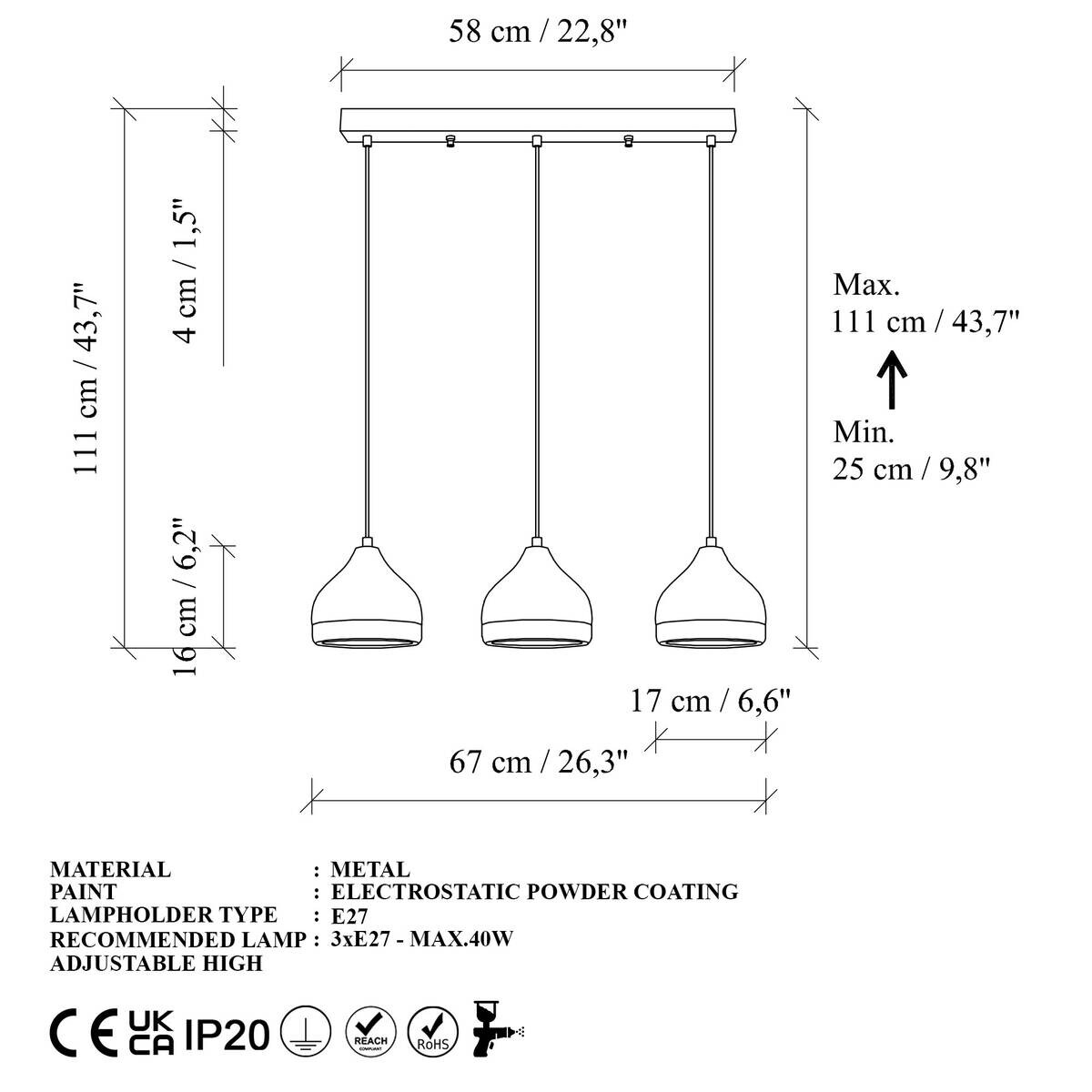 Opviq Pendelleuchte Yildo schwarz B/H/T/L: ca. 17x111x17x67 cm E27 3 Brennstellen
