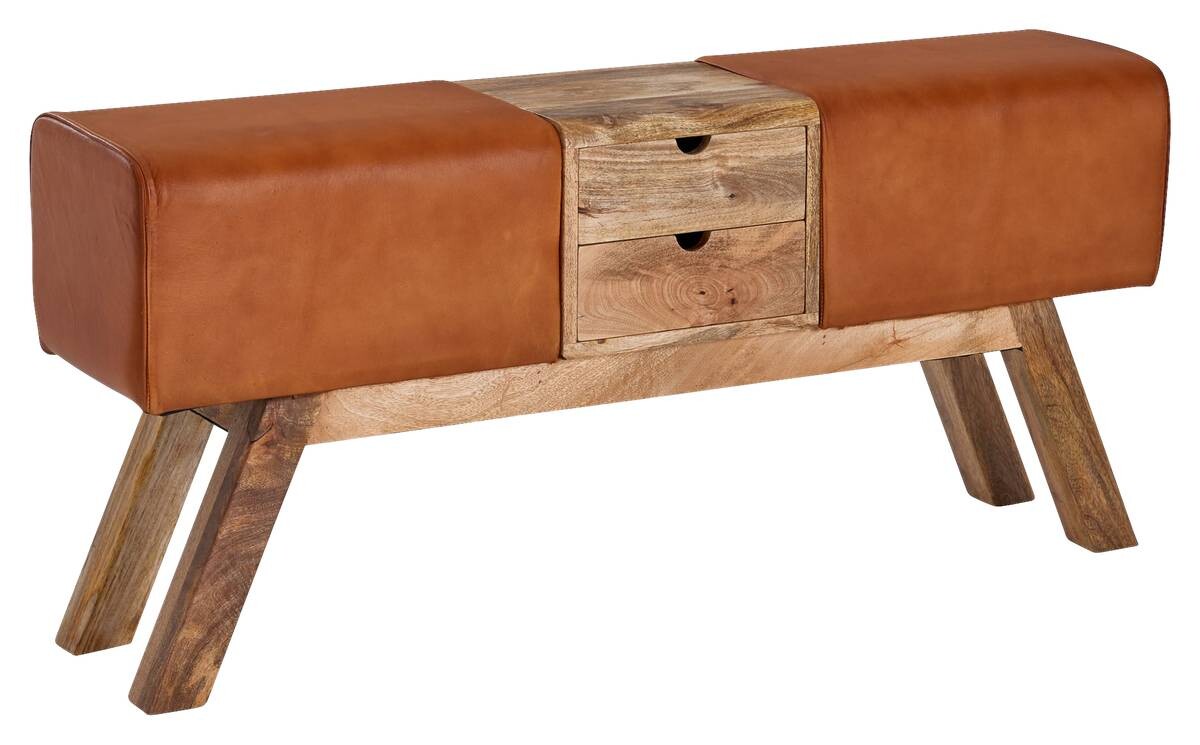 Wohnling Sitzbank braun natur Leder Echtholz B/H/T: ca. 120x56x30 cm