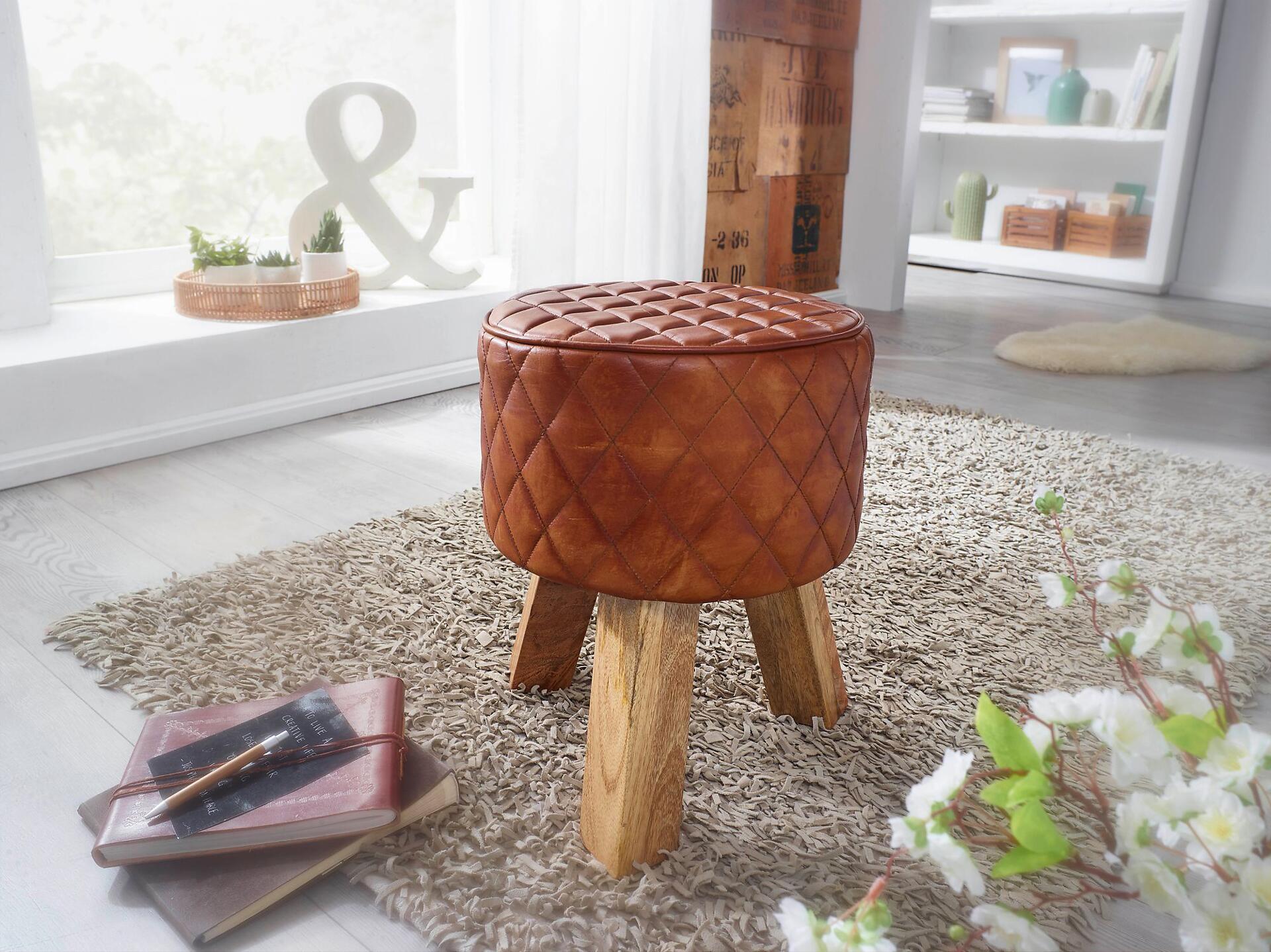 Wohnling Sitzhocker braun natur Leder Echtholz B/H/T: ca. 35x46x35 cm