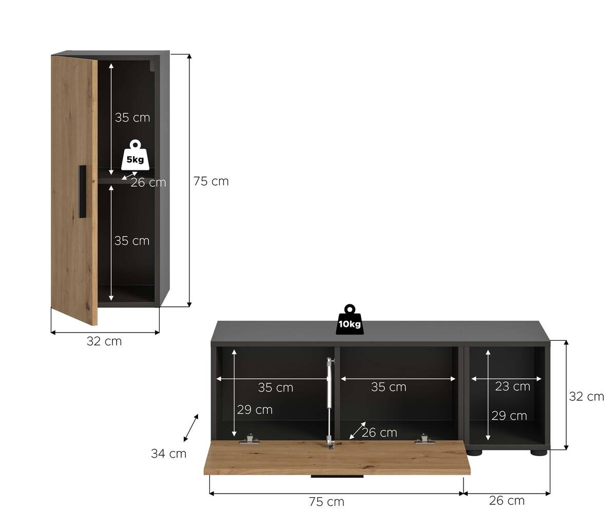 Wohnwand-Set TheOne Eiche Artisan Nachbildung anthrazit B/H/T: ca. 75x32x34 cm