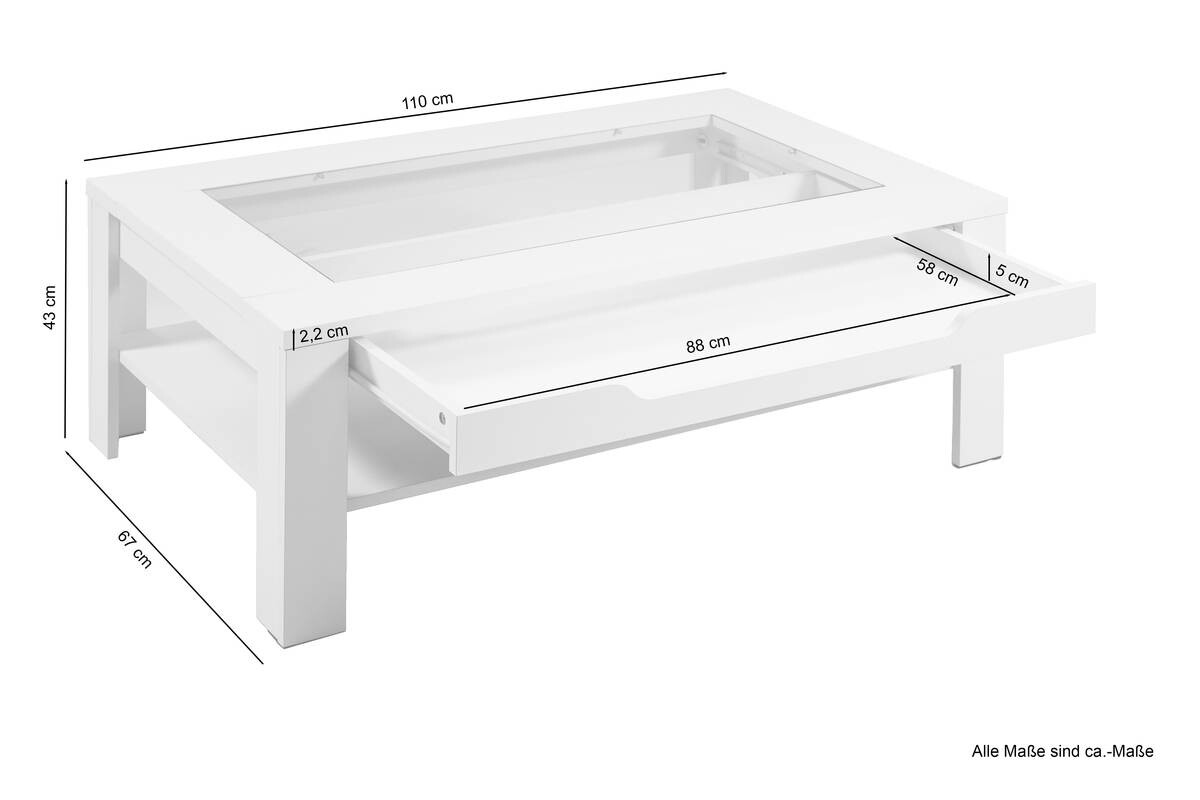 byLIVING Couchtisch RALPH weiß Holzwerkstoff Klarglas B/H/T: ca. 110x43x67 cm