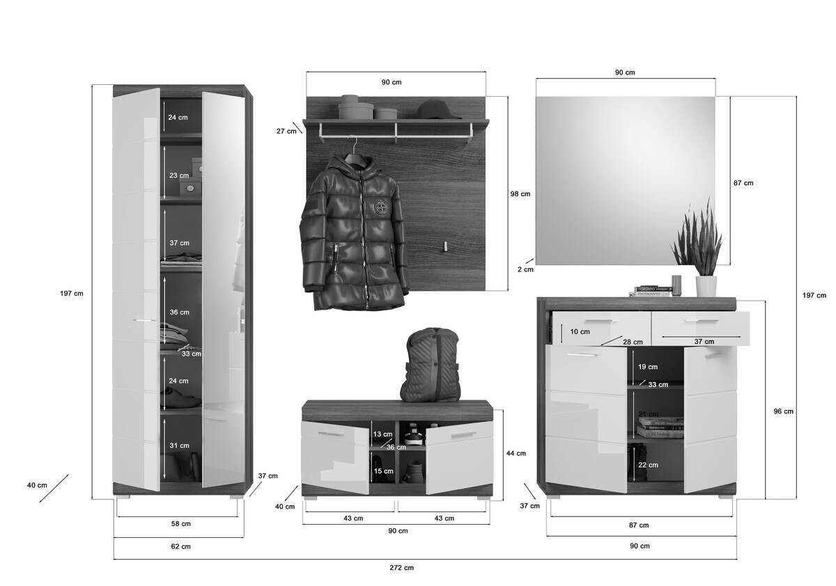 Garderobe SCOUT Rauchsilber Nachbildung weiß Hochglanz B/H/T: ca. 272x197x40 cm
