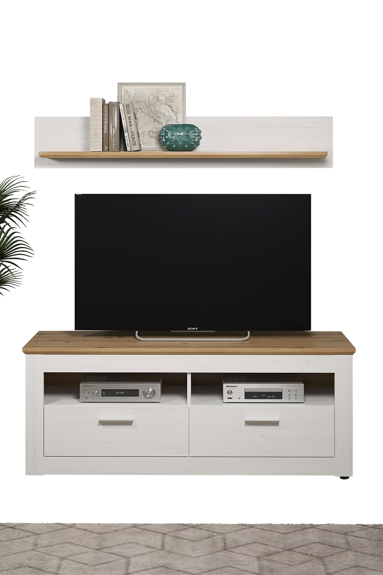 TV-Lowboard Shade weiß Pinie Nachbildung Eiche Artisan Nachbildung B/H/T: ca. 148x59x45 cm