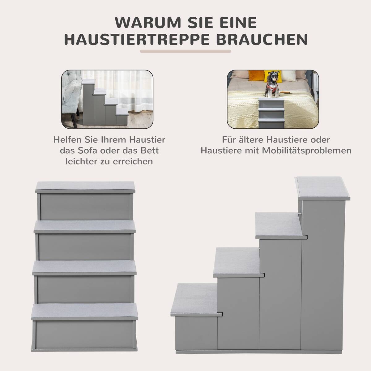 PawHut Haustiertreppe grau Plüsch B/H/L: ca. 59x54,2x40 cm