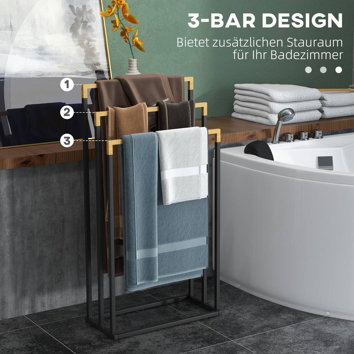 kleankin Handtuchhalter schwarz natur Bambus Edelstahl Polypropylen B/H/L: ca. 22,5x45x86 cm