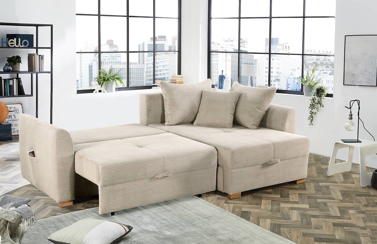 Ecksofa mit Bettfunktion und Bettkasten beige B/H/T: ca. 236x81x160 cm Ecksofa mit Bettfunktion und Bettkasten beige B/H/T: ca. 236x81x160 cm