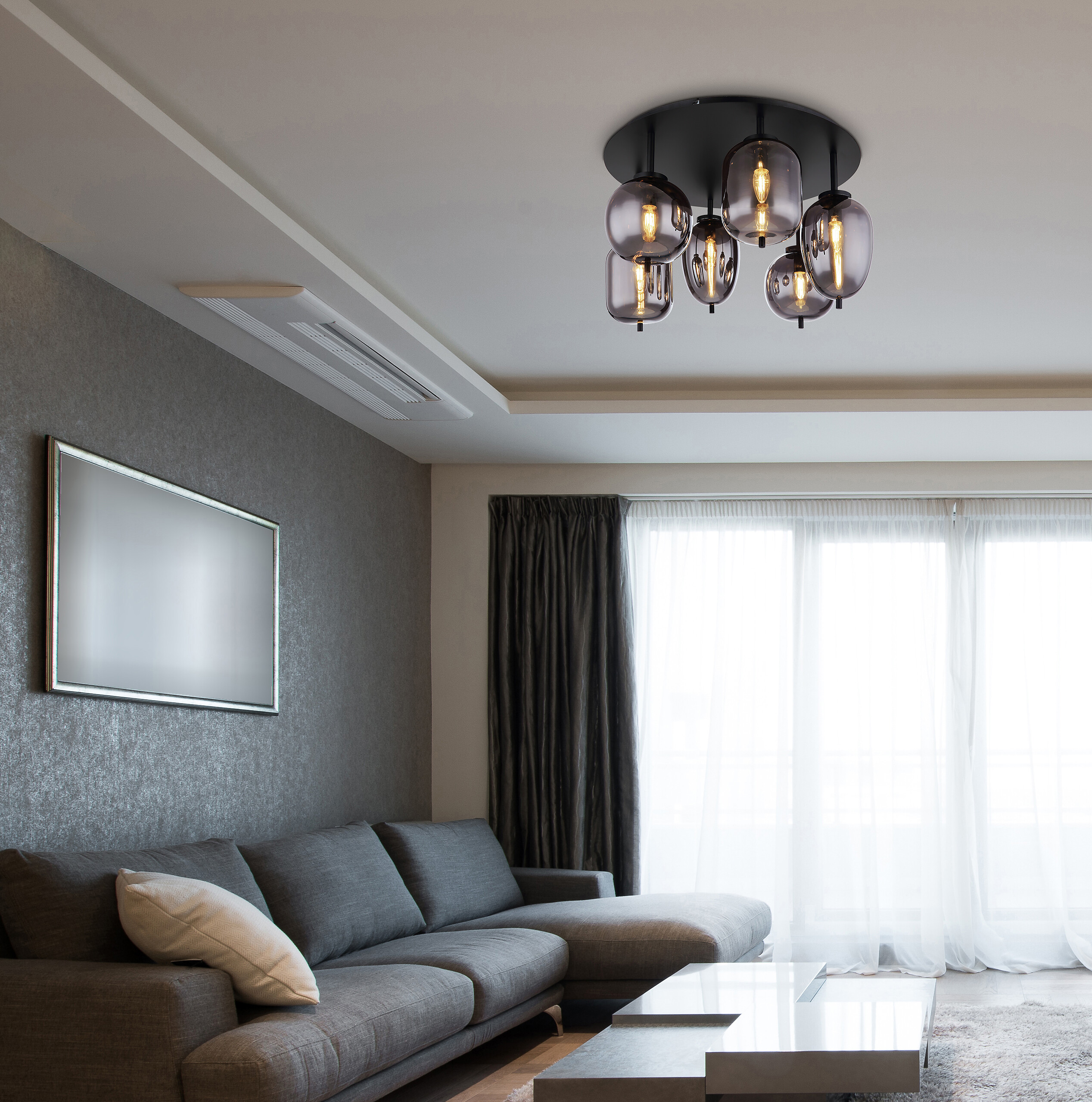 GLOBO Deckenleuchte Blacky mattschwarz Metall Rauchglas H/D: ca. 38x65 cm E14 6 Brennstellen