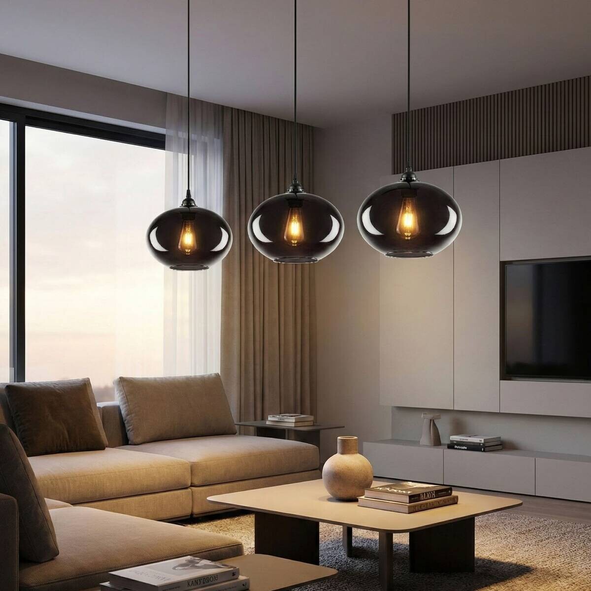 Pendelleuchte grau Rauch Metall Glas B/H/T/L: ca. 97x120x97x97 cm E27 1 Brennstellen