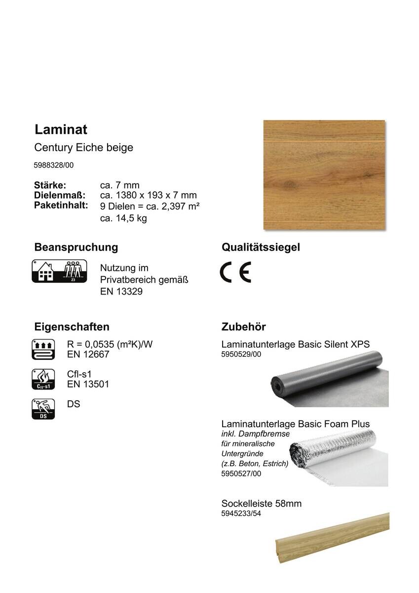 Laminatboden Century ca. 2,397 m² im Paket  B/L: ca. 19,7x138 cm pro Paket
