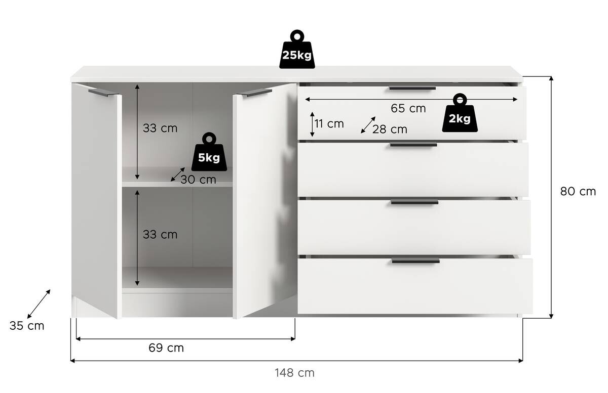 Kommode KOPENHAGEN weiß B/H/T: ca. 148x80x35 cm