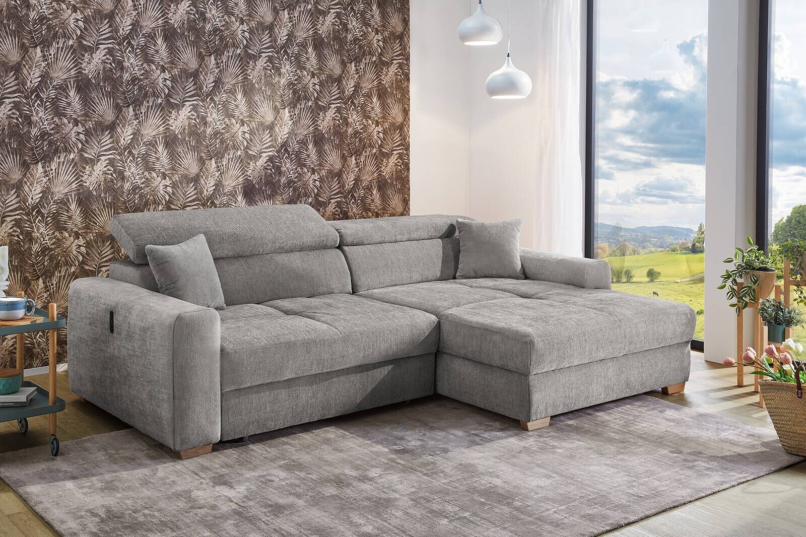 Ecksofa mit elektrischer XXL Sitztiefenverstellung hellgrau Flachgewebe B/H/T: ca. 277x109x187 cm