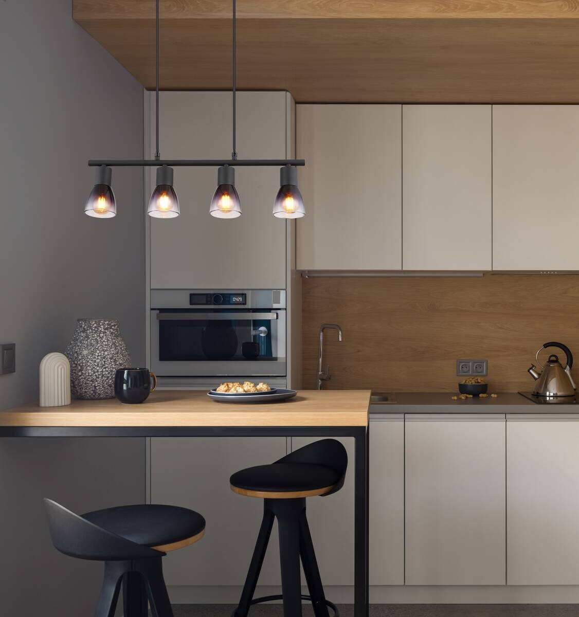 GLOBO Pendelleuchte klar Rauch mattschwarz Metall Glas B/H/T: ca. 52x120x7,2 cm E14 4 Brennstellen