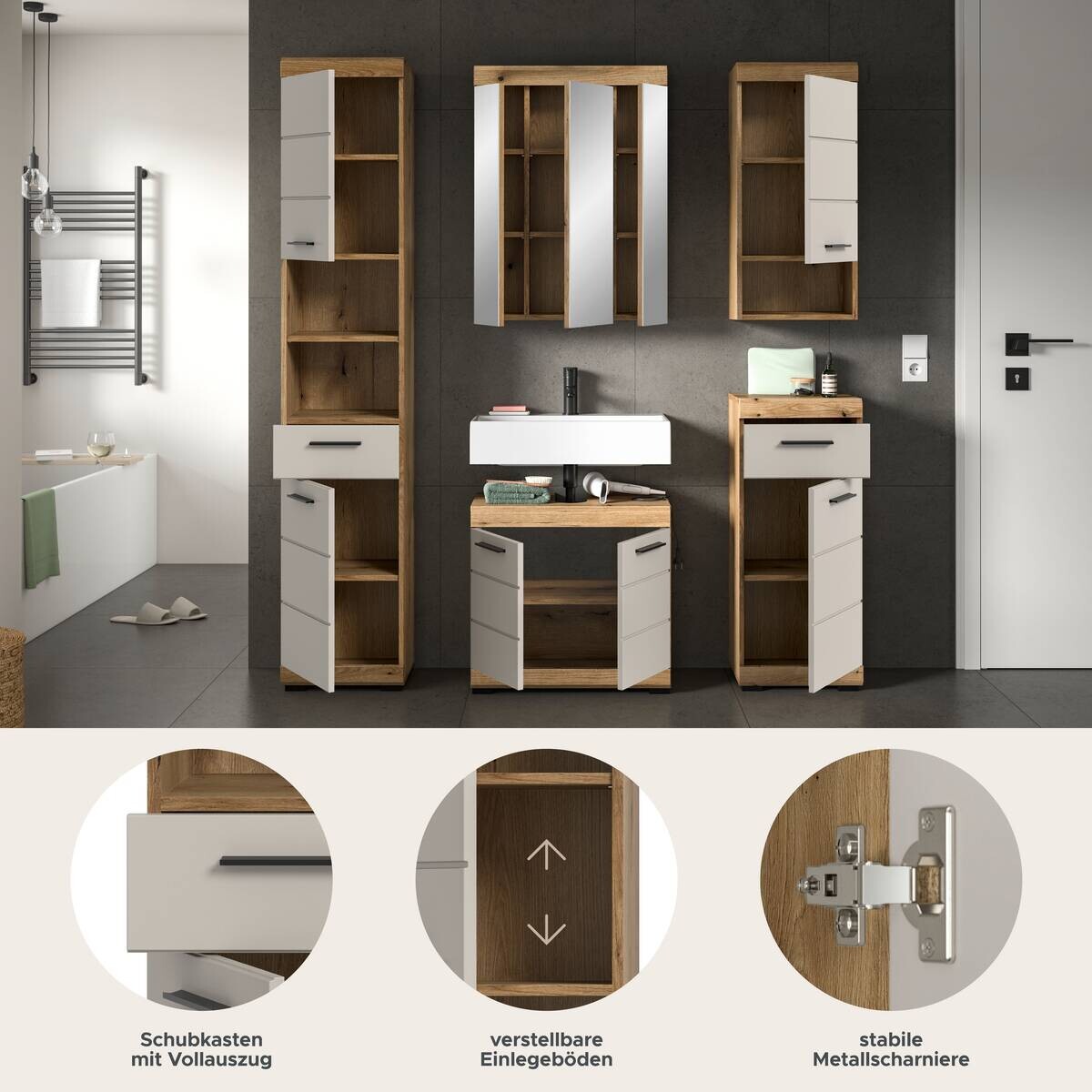 Badezimmer-Set Scout Evoke Oak Nachbildung Kaschmirgrau Nachbildung B/H/T: ca. 164x191x34 cm