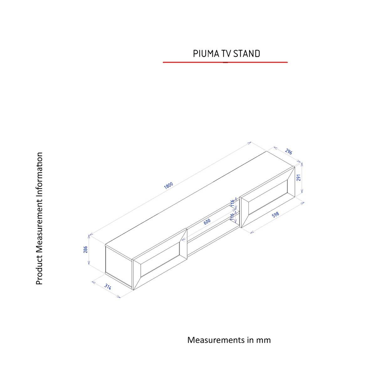 TV-Lowboard Piuma weiß B/H/T: ca. 180x29,1x29,6 cm