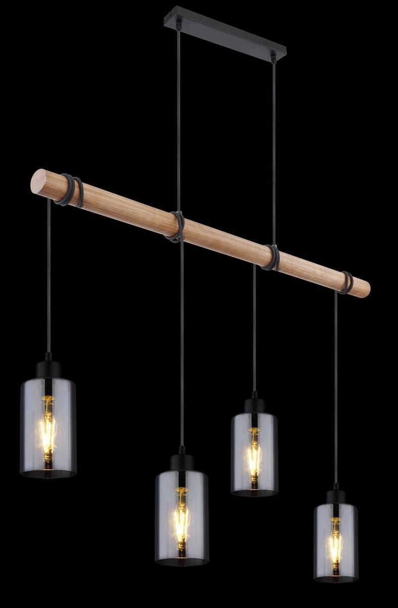 GLOBO Pendelleuchte Hadera schwarz natur Metall Holz Rauchglas B/H/T: ca. 98x130x15 cm E27 4 Brennstellen