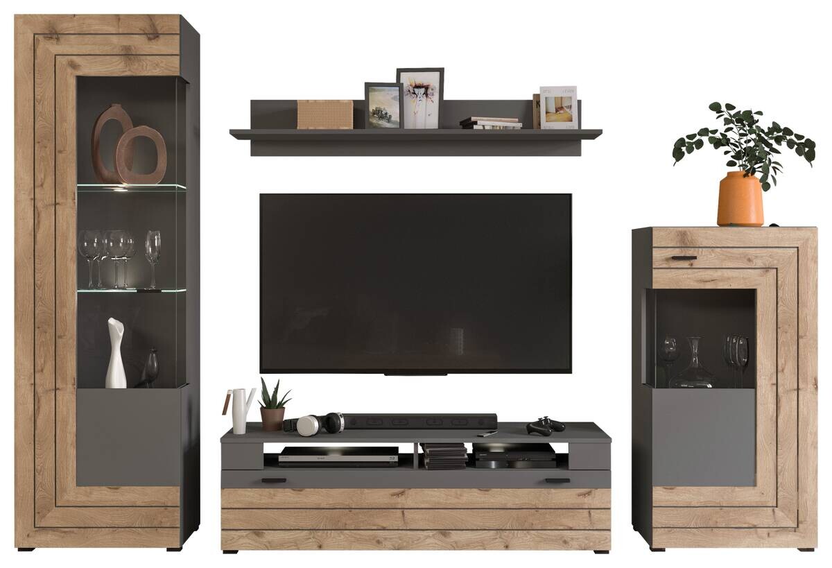 Wohnwand Freno grau matt Eiche Nox Oak Nachbildung B/H/T: ca. 290x194x40 cm