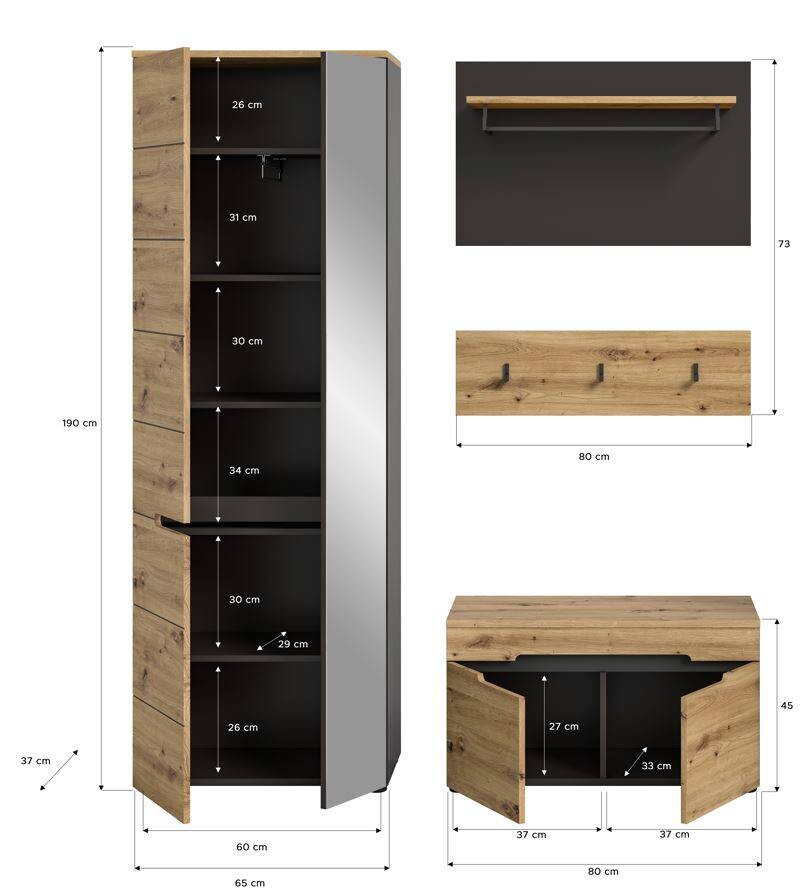 Garderobe CANU edles Basaltgrau Nachbildung Eiche Artisan Nachbildung B/H/T: ca. 160x190x37 cm