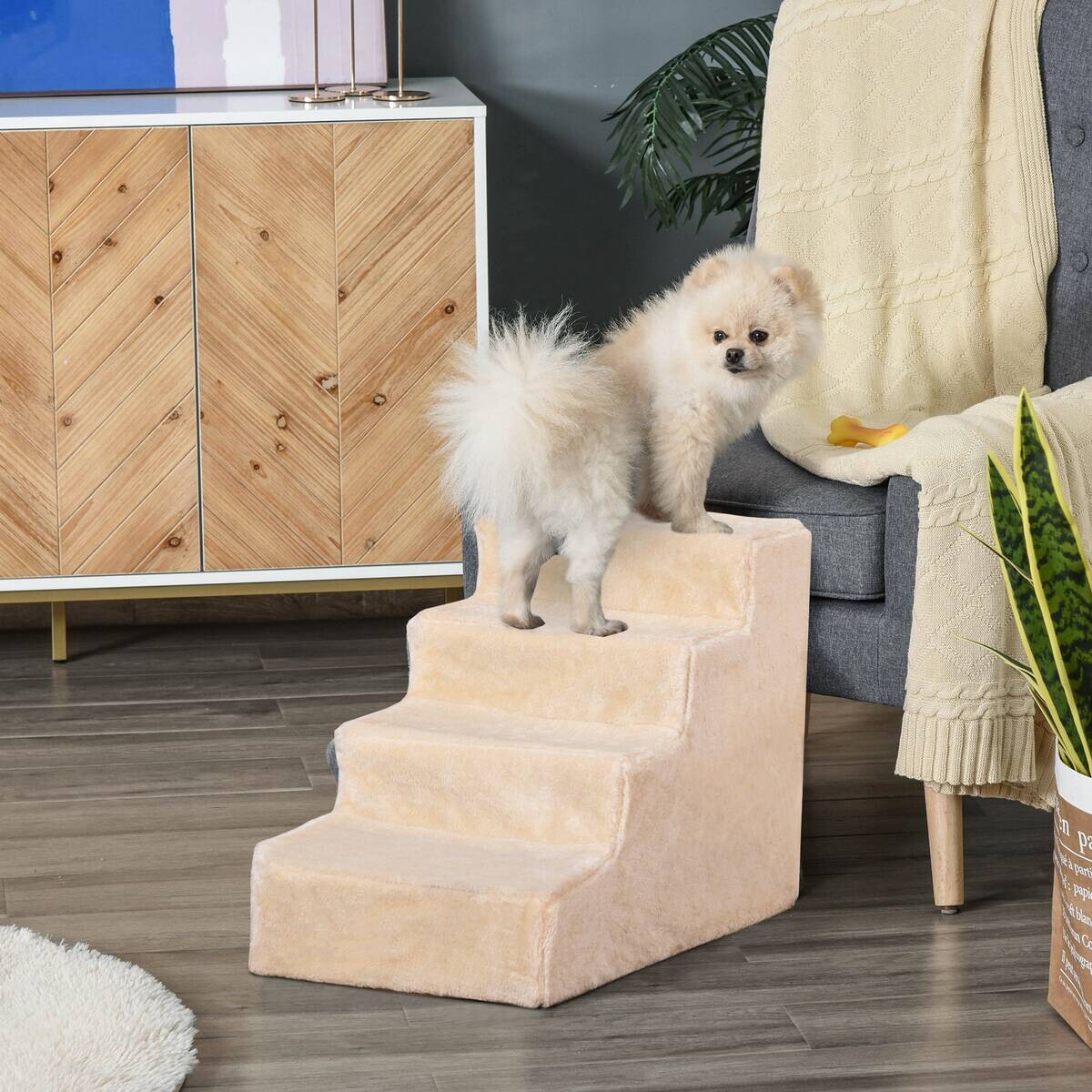 PawHut Haustiertreppe beige Edelstahl B/H/L: ca. 35x44x60 cm