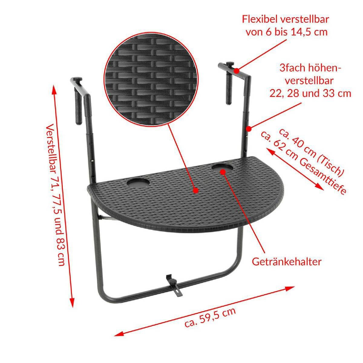 VCM Balkonhängetisch schwarz Polyrattan B/H/L: ca. 59x83x40 cm