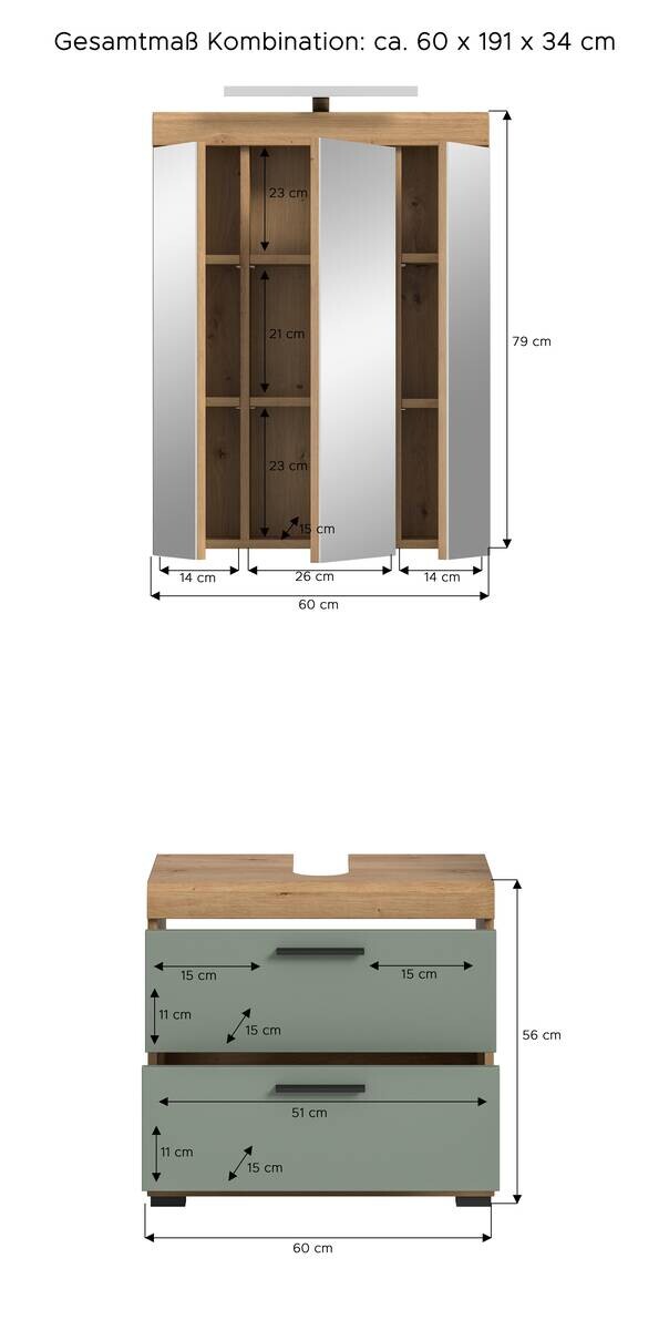 Badezimmer-Set Scout Eiche Artisan Nachbildung salbei Nachbildung B/H/T: ca. 60x191x37 cm