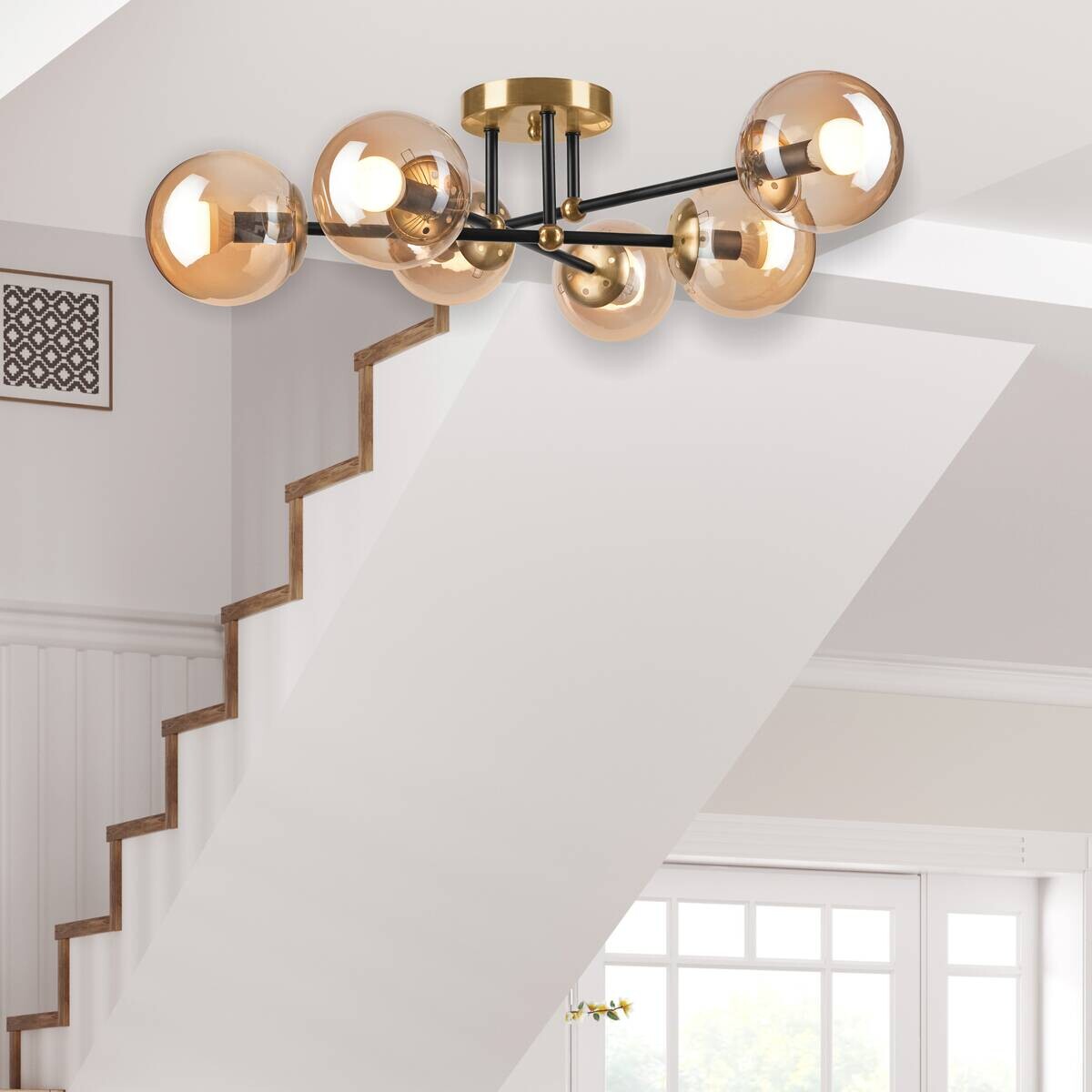 Lamkur Aufbauleuchte Malena gold schwarz Stahl Glas B/H/L: ca. 64x20x64 cm E14 6 Brennstellen