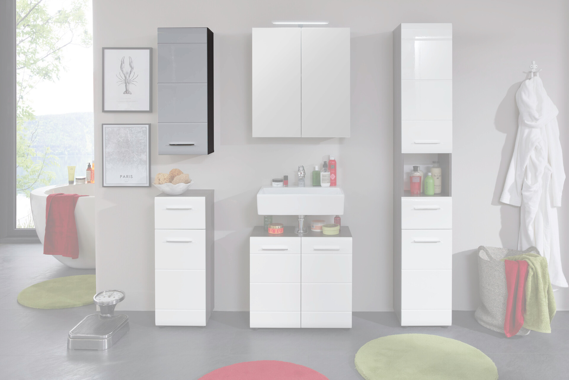 Badhängeschrank Line Rauchsilber Nachbildung weiß Hochglanz B/H/T: ca. 30x77x23 cm