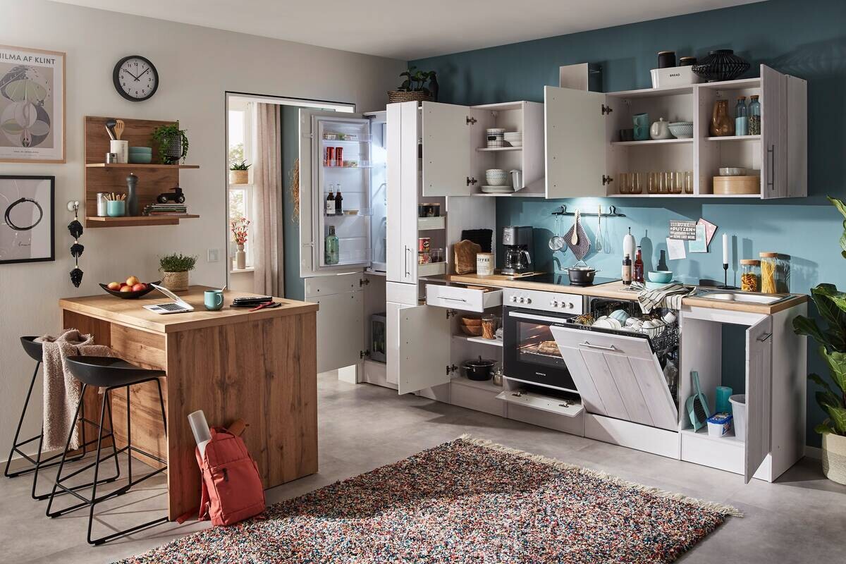 Respekta Inselküche Anton weiß Lärche Nachbildung B/H/T: ca. 310x211x60 cm