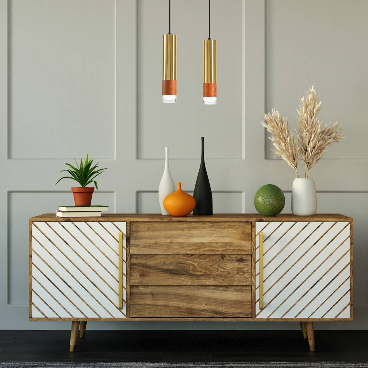 Lamkur Pendelleuchte gold Glas Stahl B/H/L: ca. 8x105x30 cm GU10 2 Brennstellen