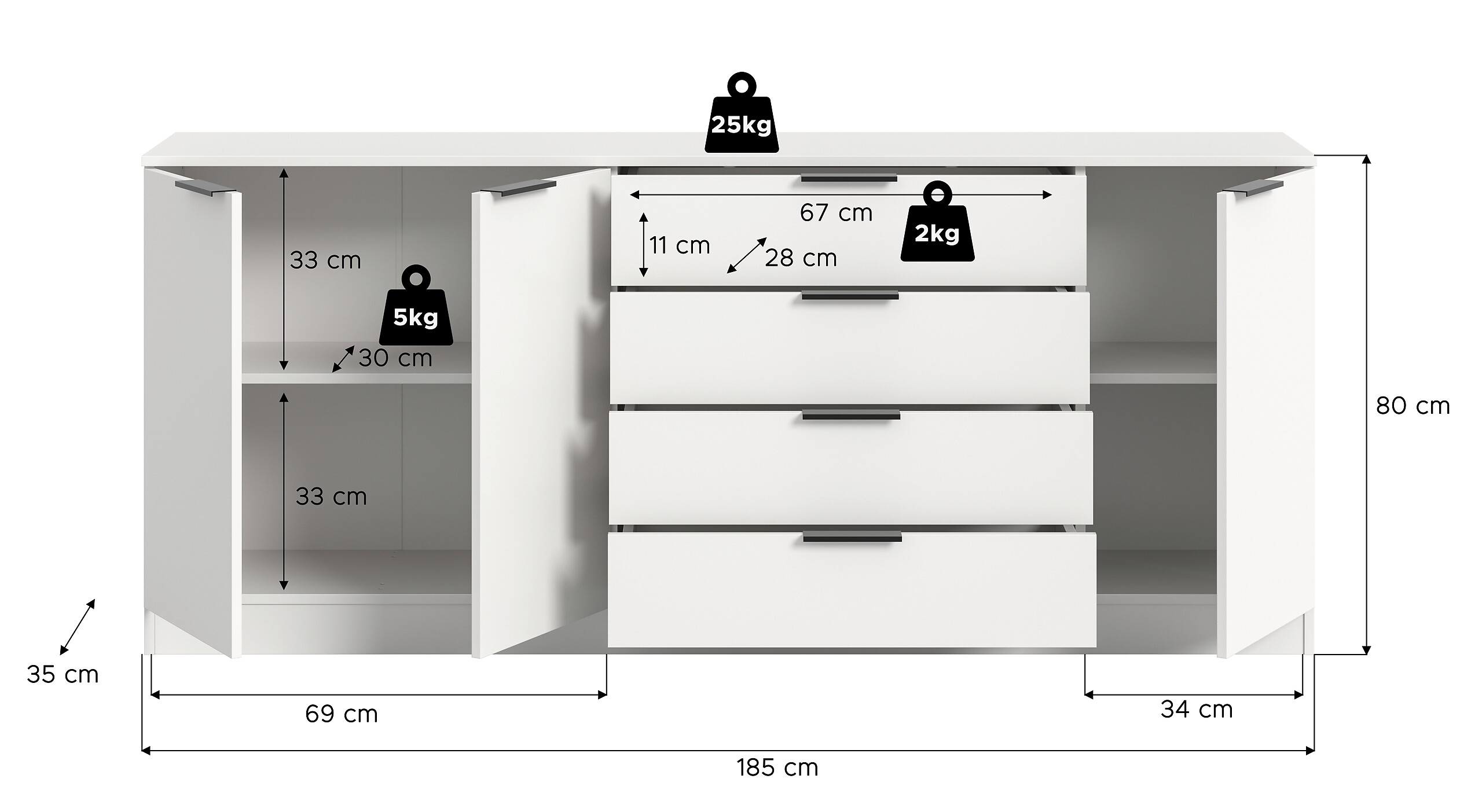Kommode KOPENHAGEN weiß B/H/T: ca. 185x80x35 cm