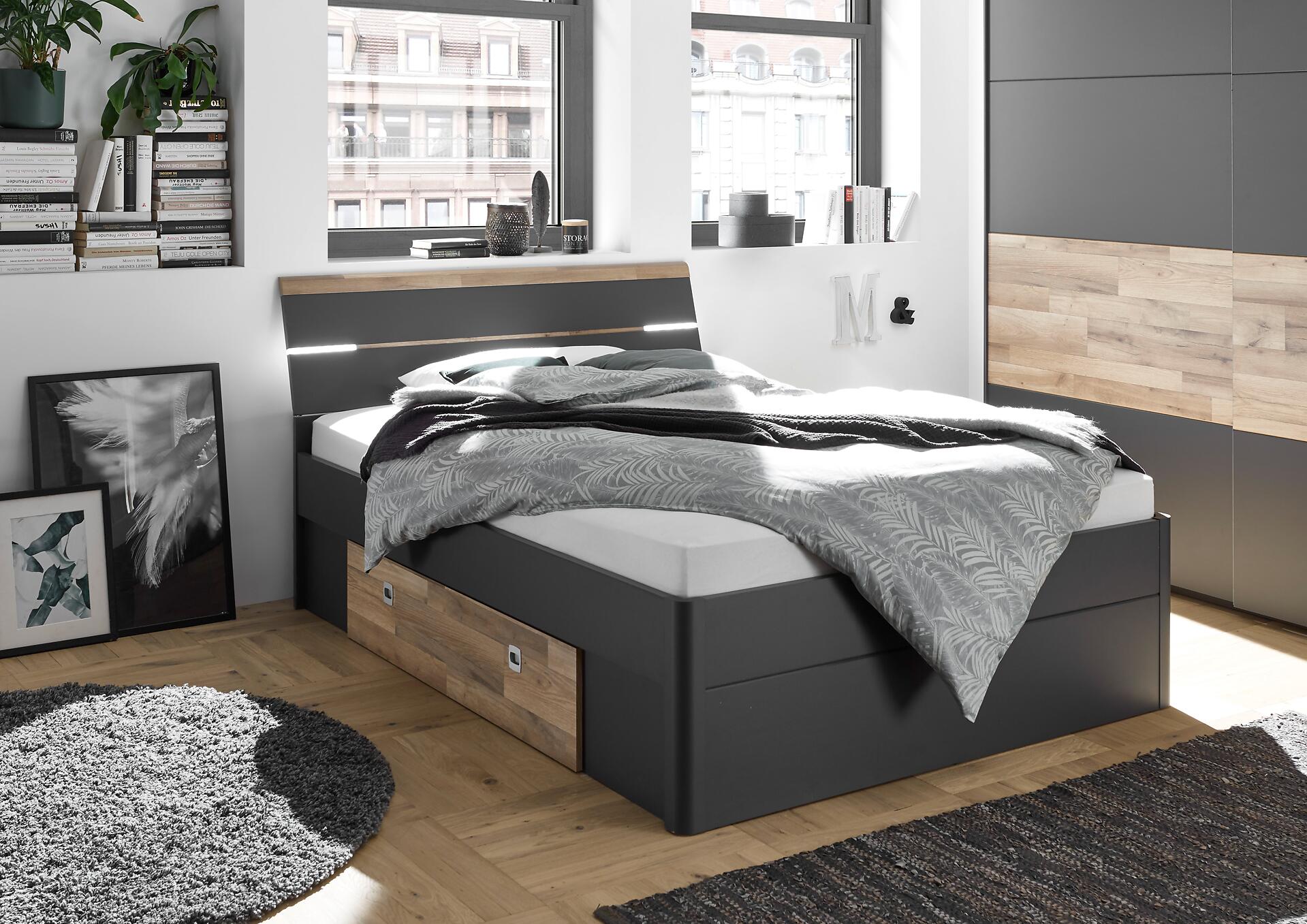 Bett Mars Graphit Montana Oak Nachbildung Liegefläche B/L: ca. 140x200 cm