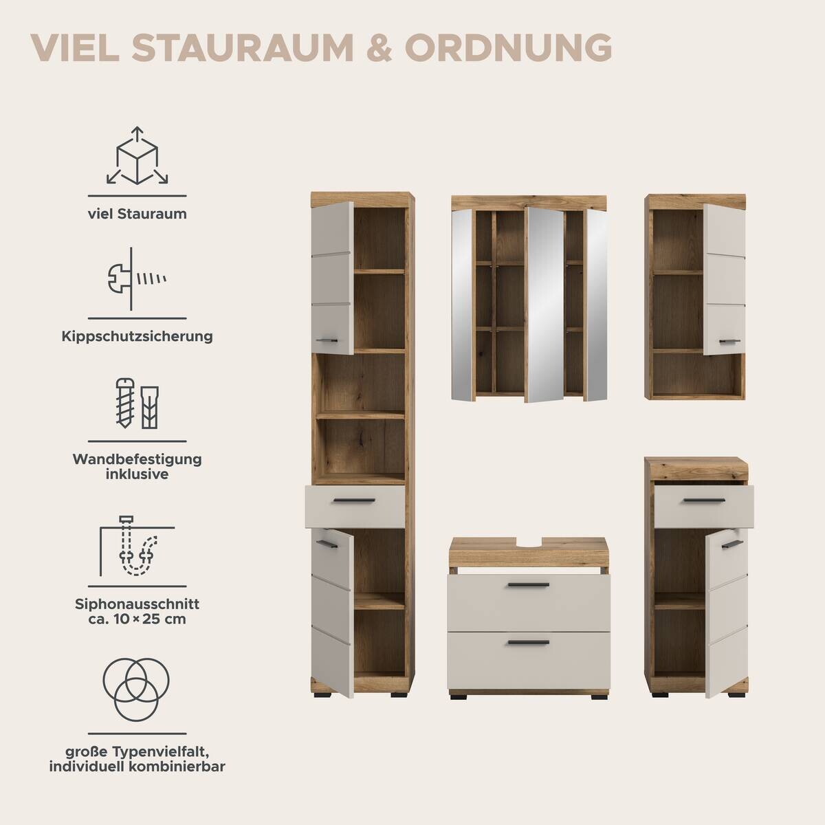 Badezimmer-Set Scout Evoke Oak Nachbildung Kaschmirgrau Nachbildung B/H/T: ca. 164x191x34 cm