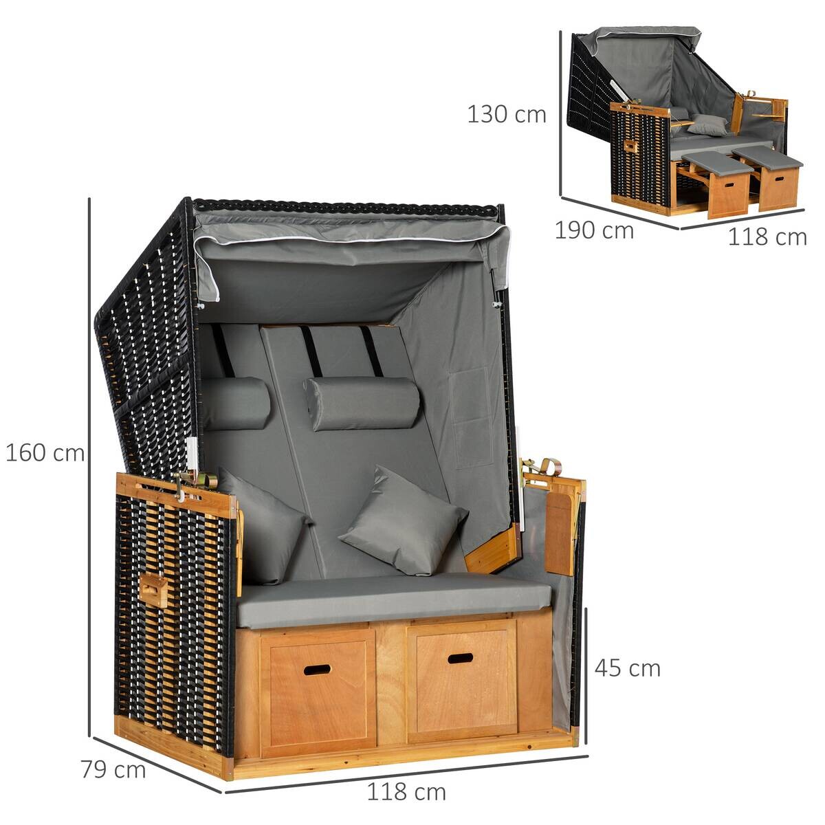Outsunny Strandkorb hellgrau Edelstahl B/H/L: ca. 79x118x160 cm