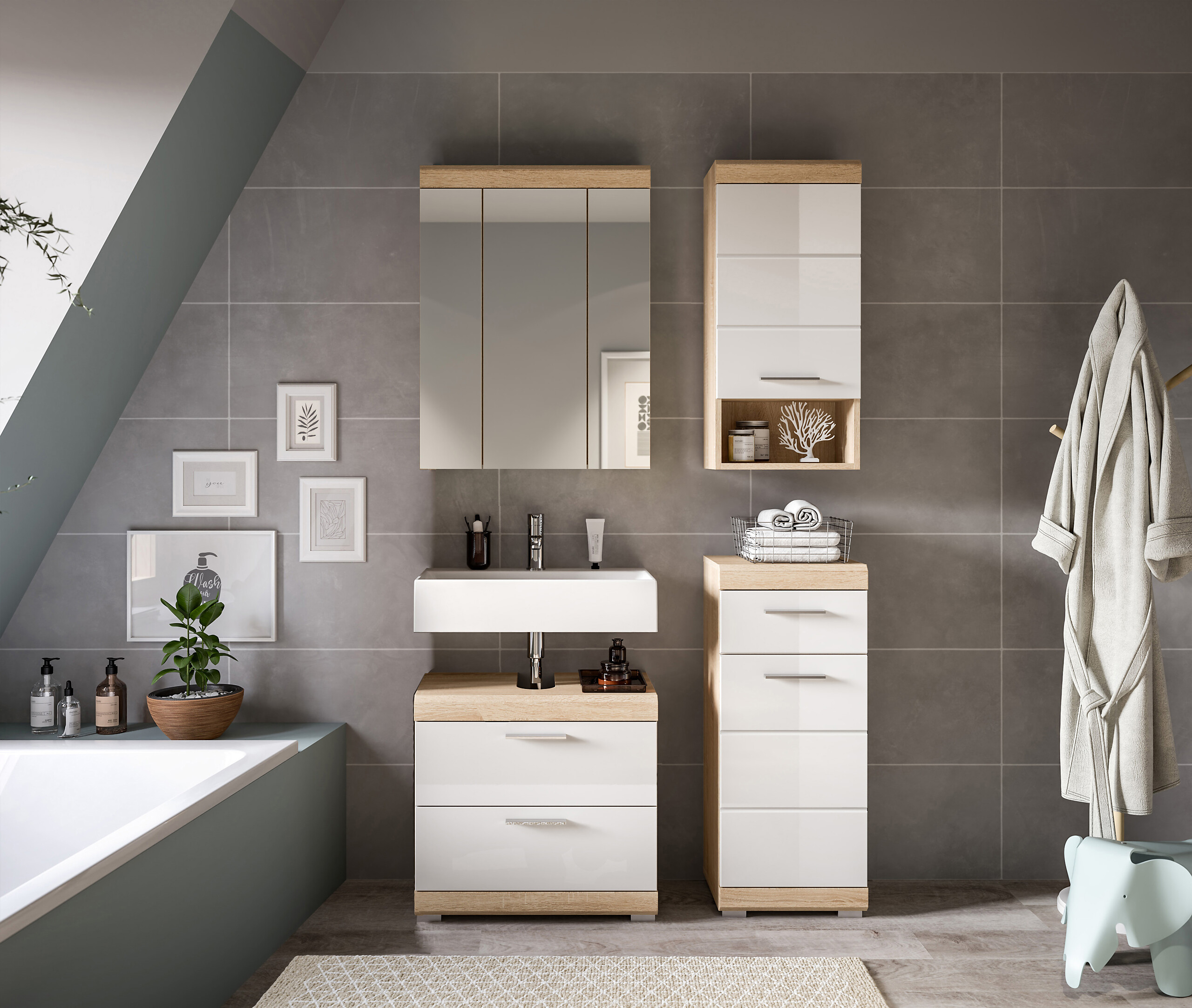 Badezimmer-Set Lambada Eiche Sonoma Nachbildung weiß Hochglanz B/H/T: ca. 112x191x37 cm Badezimmer-Set Lambada Eiche Sonoma Nachbildung weiß Hochglanz B/H/T: ca. 112x191x37 cm